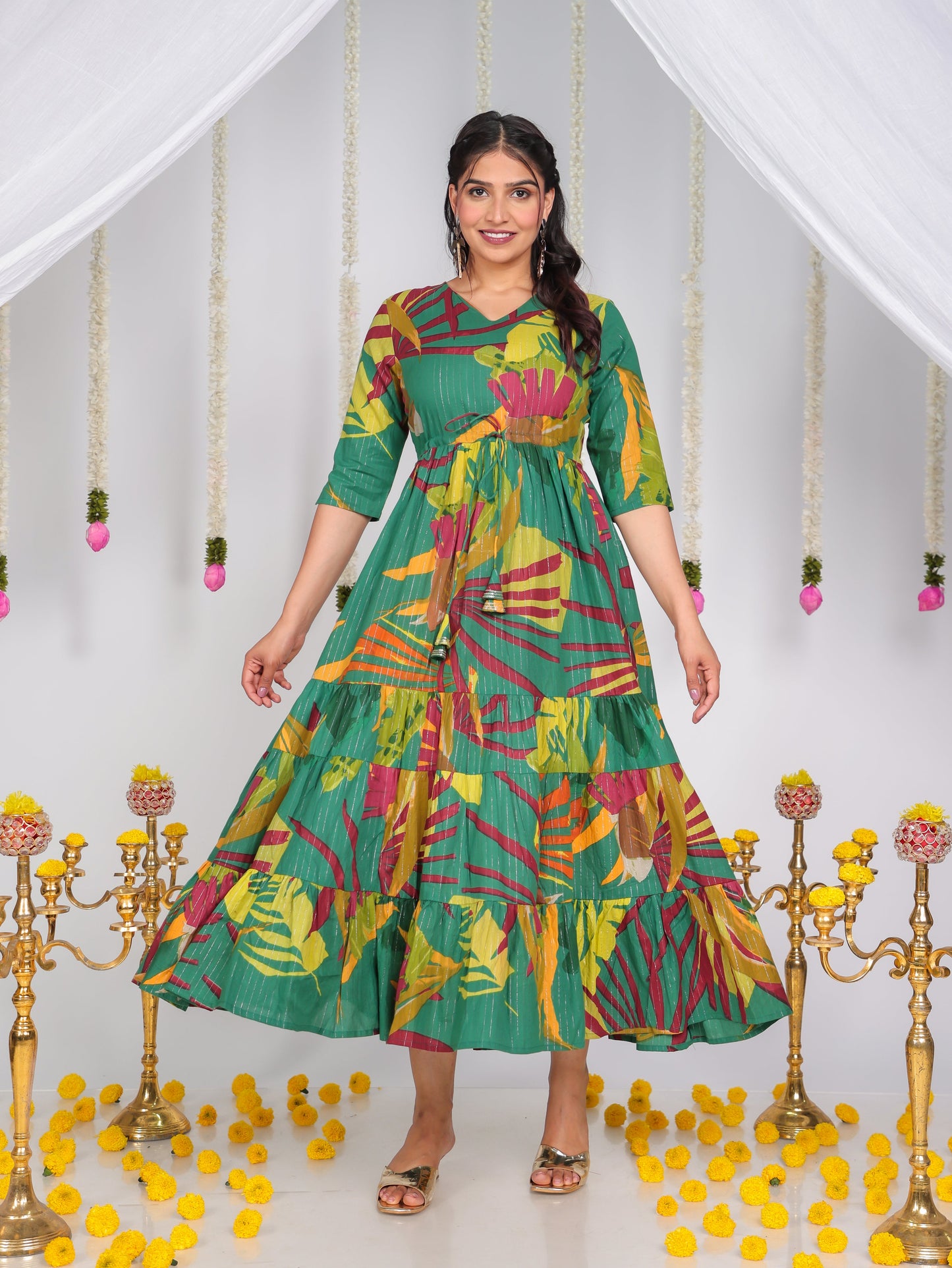 Embroidered Lurex Cotton Foliage A-line Multicolor Dress