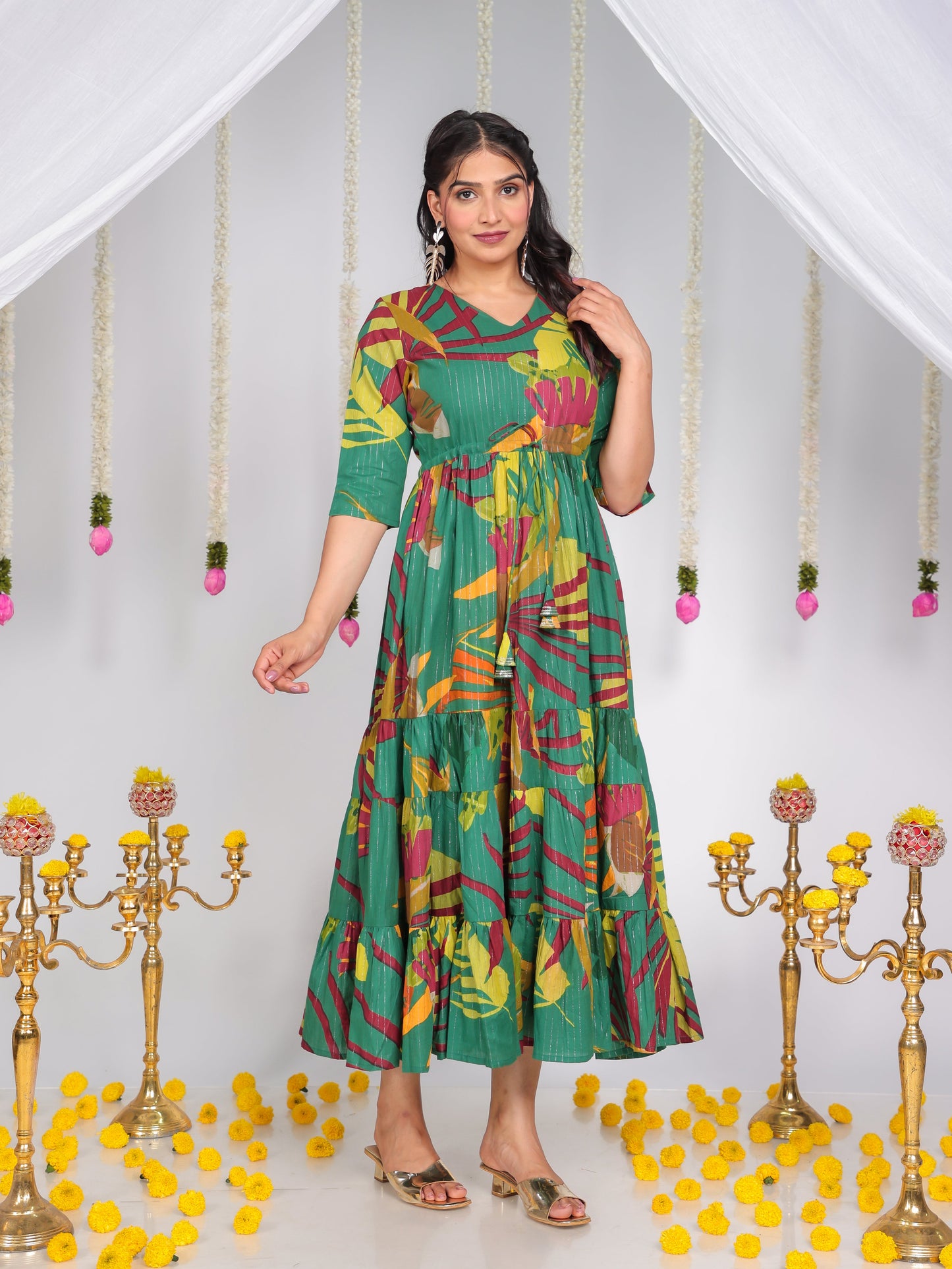 Embroidered Lurex Cotton Foliage A-line Multicolor Dress