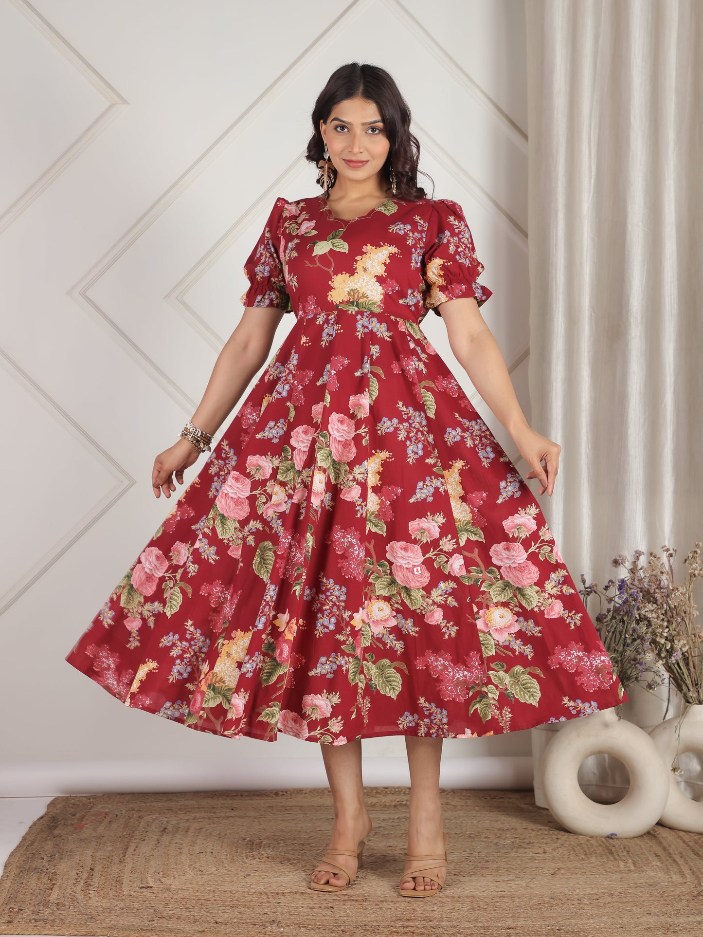 Embroidered Soft Cotton Floral Flared Maroon Dress