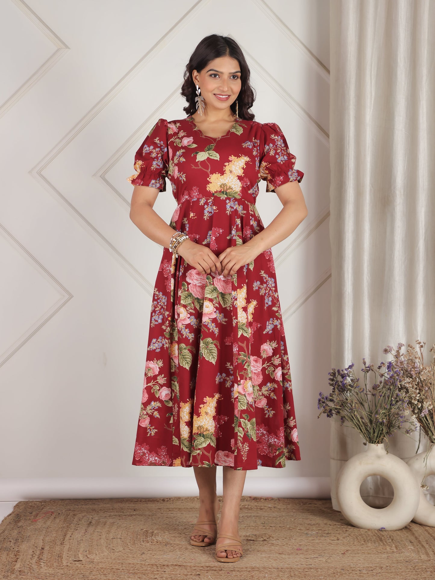 Embroidered Soft Cotton Floral Flared Maroon Dress