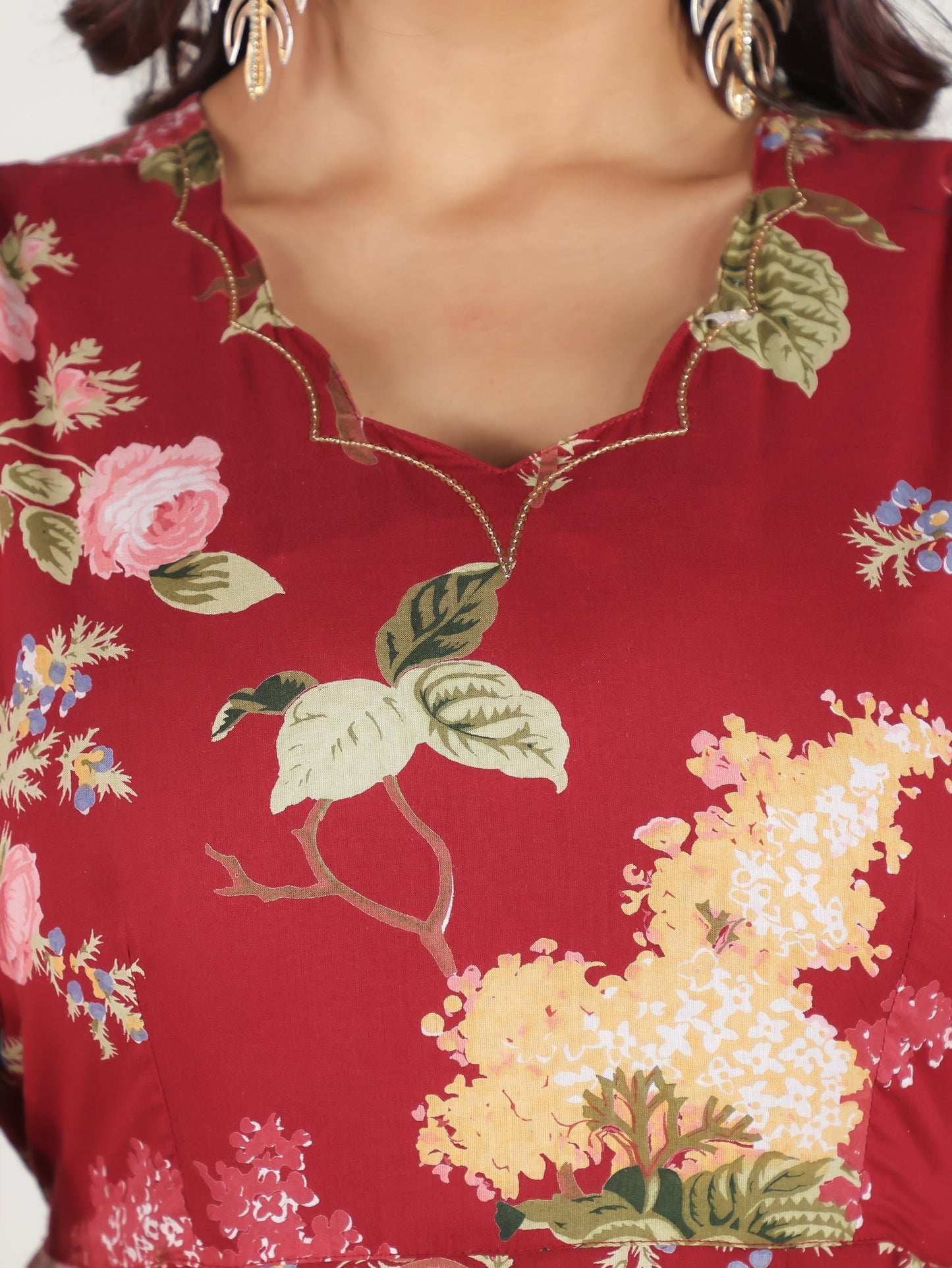 Embroidered Soft Cotton Floral Flared Maroon Dress