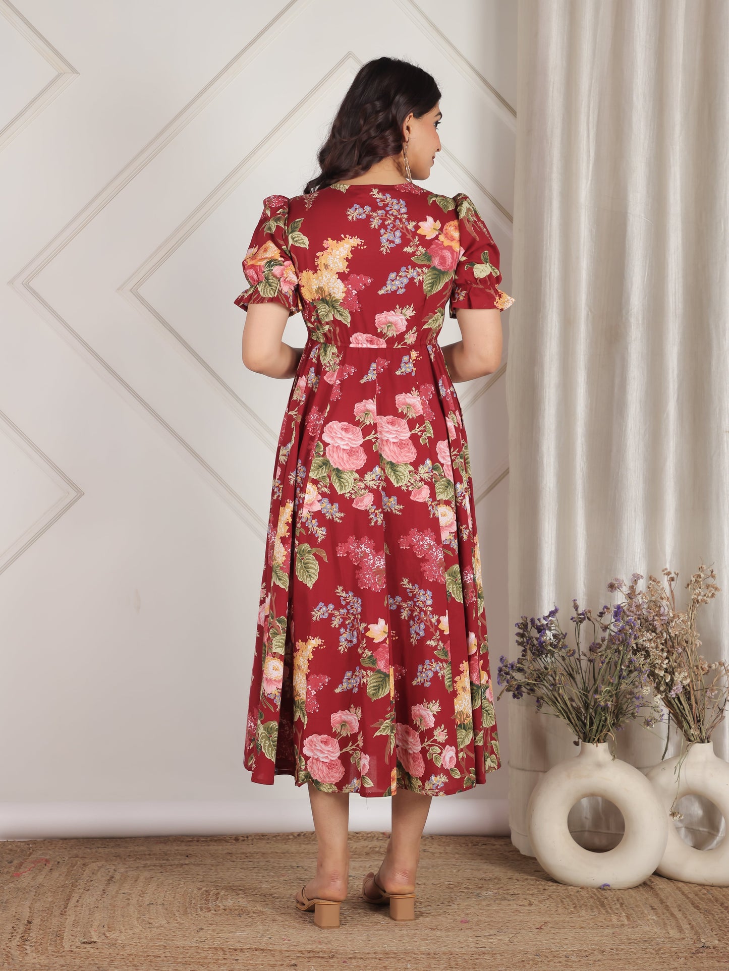 Embroidered Soft Cotton Floral Flared Maroon Dress