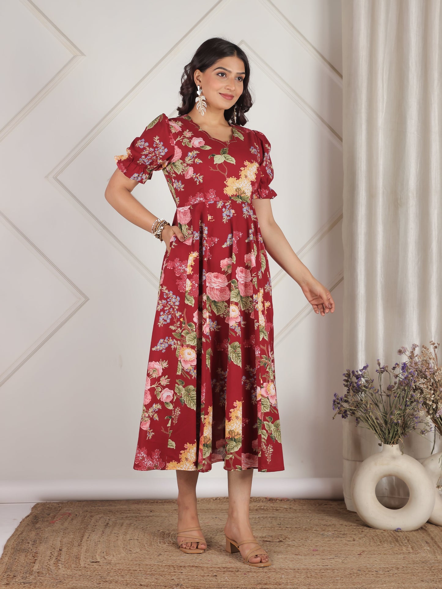 Embroidered Soft Cotton Floral Flared Maroon Dress