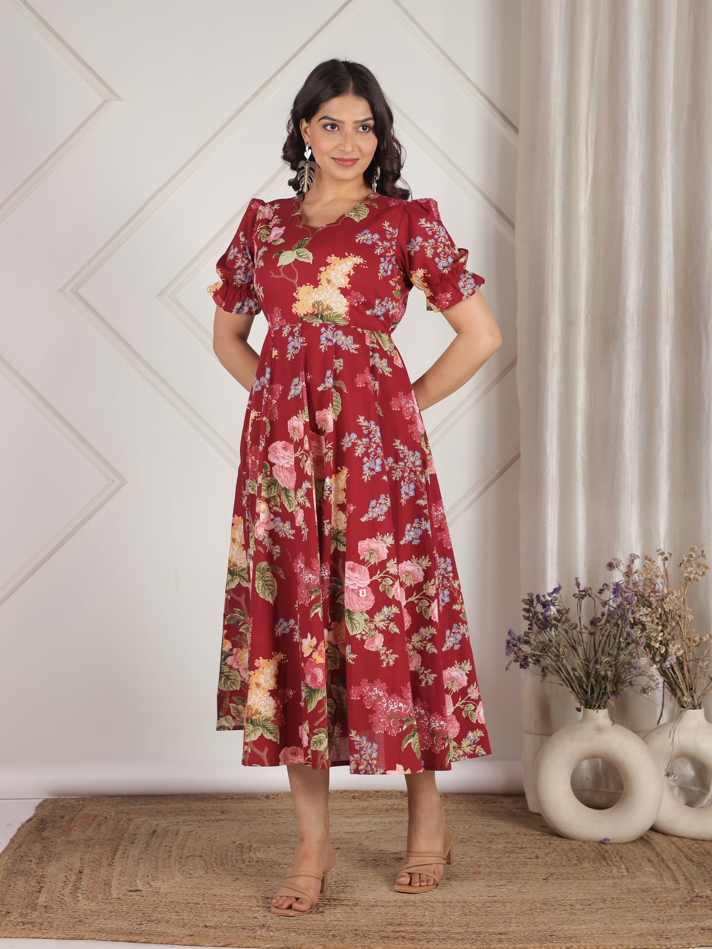 Embroidered Soft Cotton Floral Flared Maroon Dress