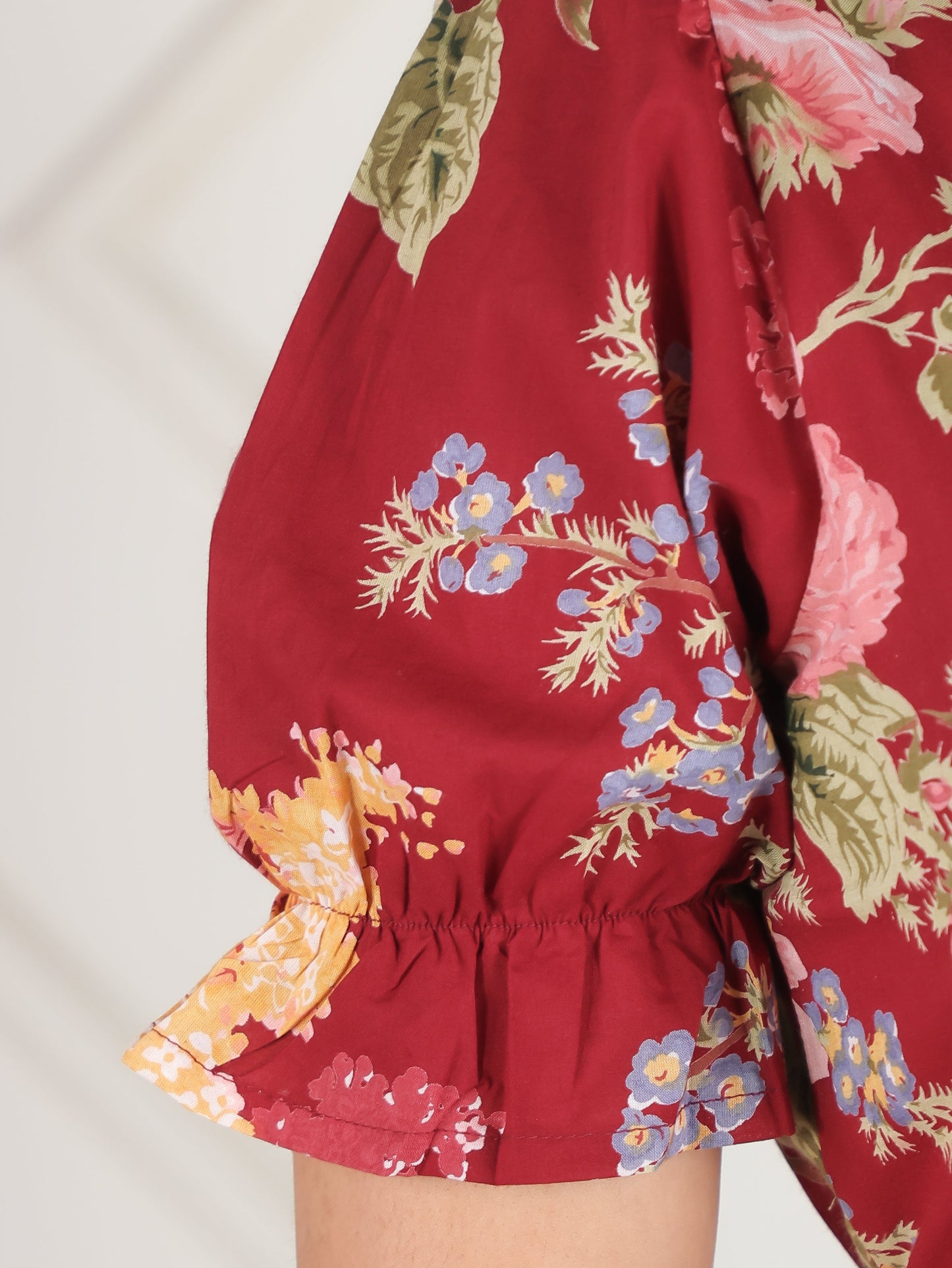 Embroidered Soft Cotton Floral Flared Maroon Dress