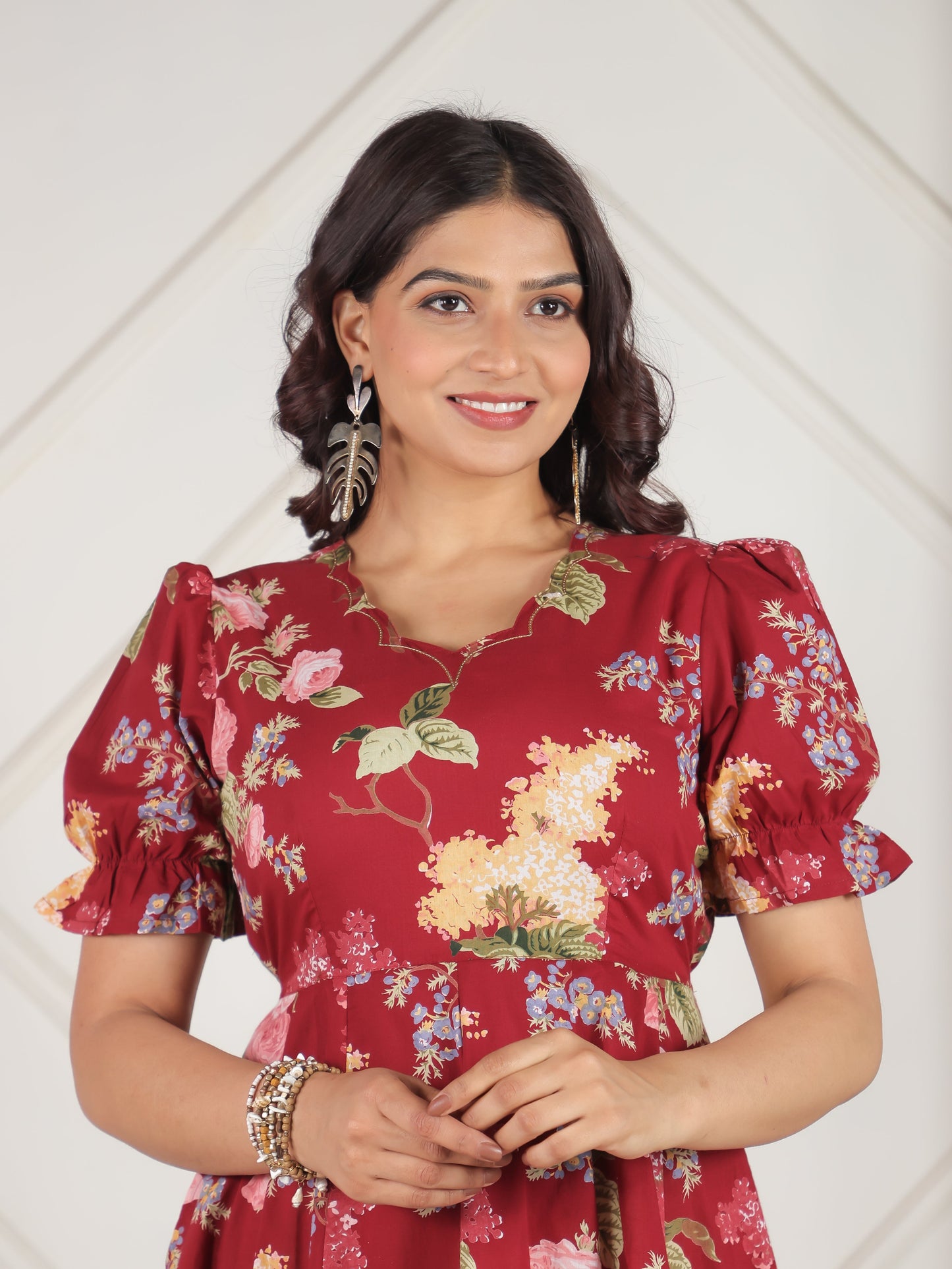 Embroidered Soft Cotton Floral Flared Maroon Dress