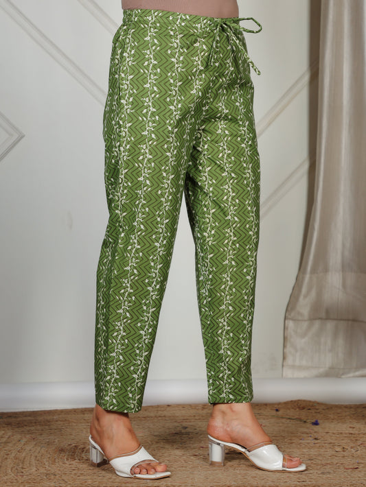 Soft Cotton Abstract Green Tapered Trousers