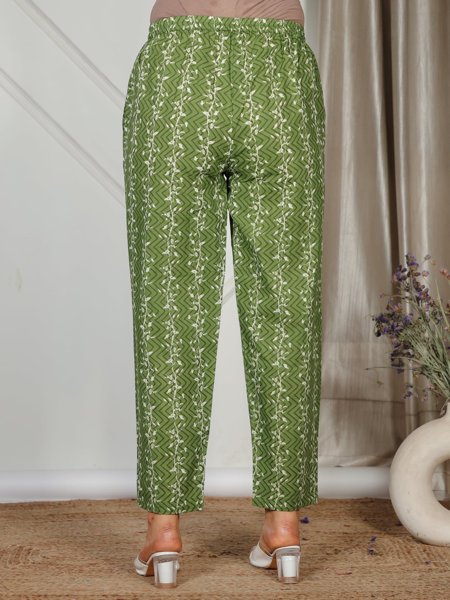 Soft Cotton Abstract Green Tapered Trousers