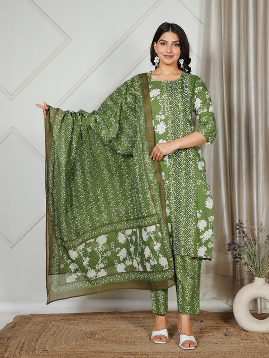 Embroidered Soft Cotton Abstract Straight Green Kurta