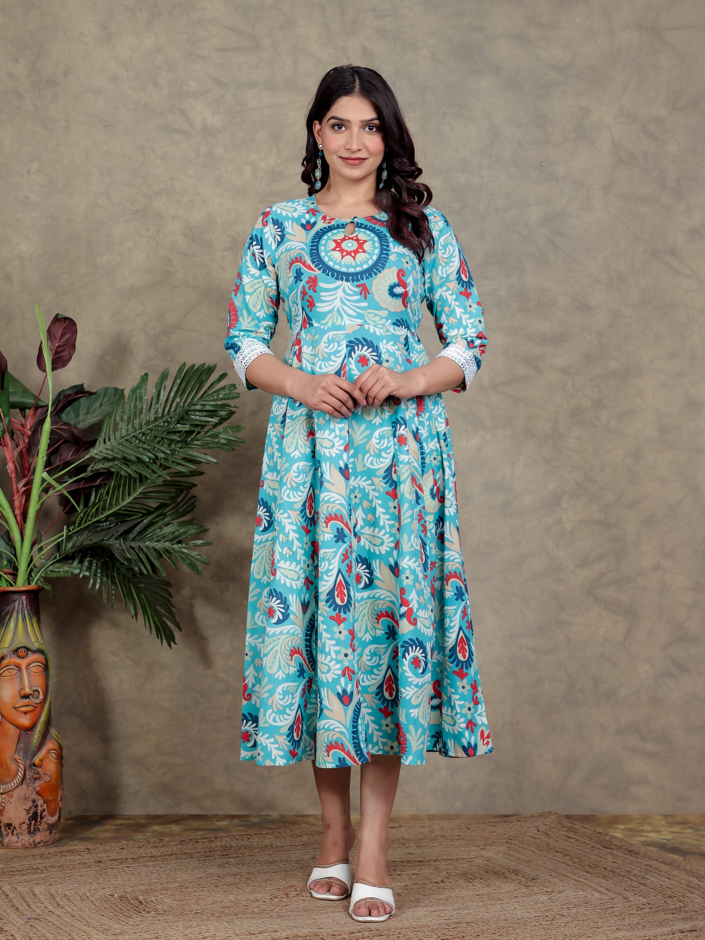 Soft Cotton Abstract Flared Turquoise Blue Dress