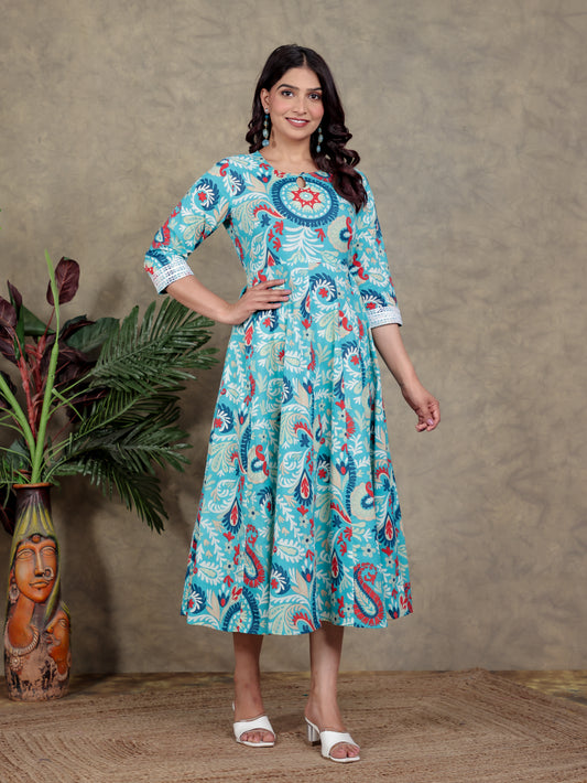 Soft Cotton Abstract Flared Turquoise Blue Dress