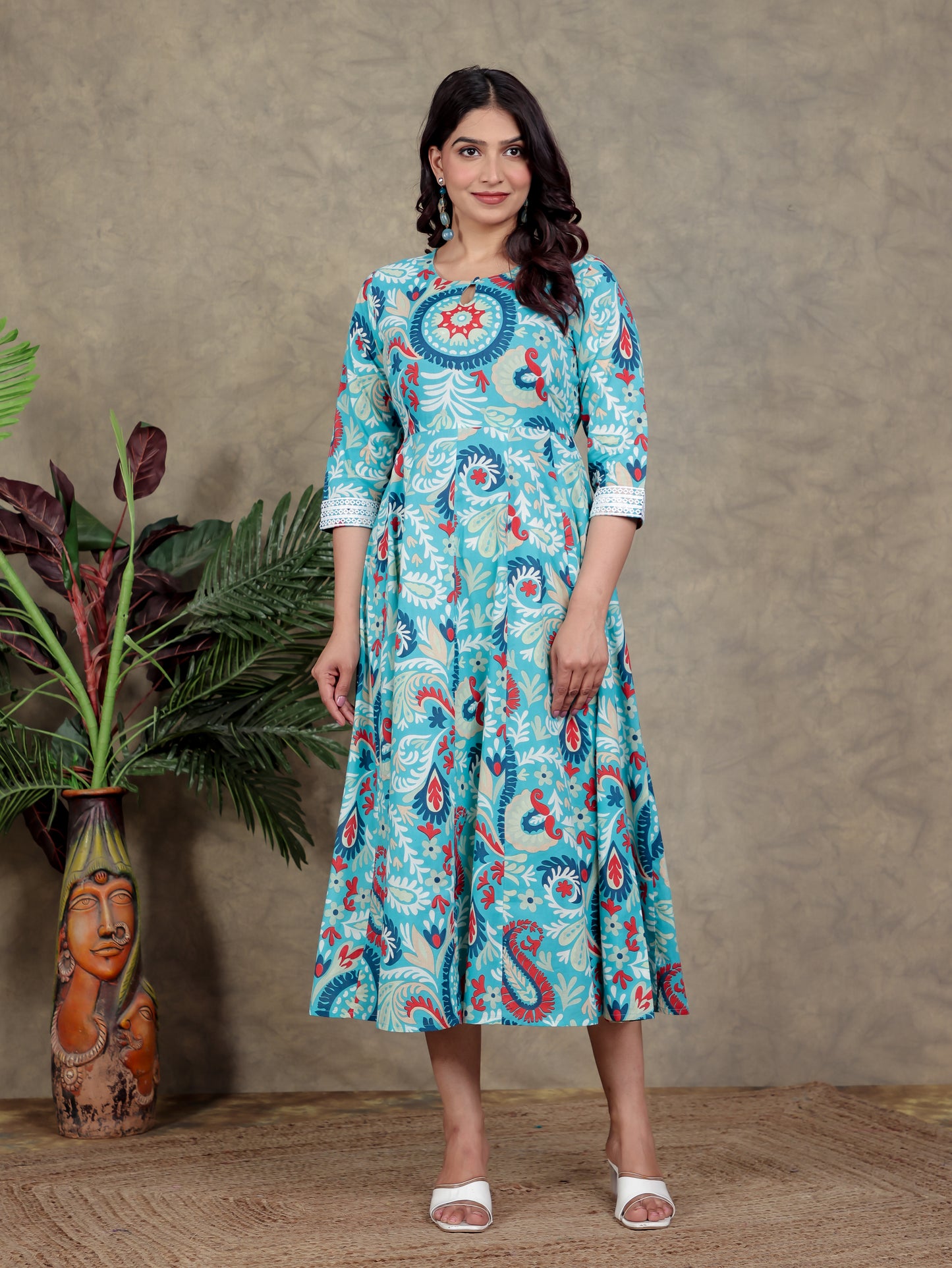 Soft Cotton Abstract Flared Turquoise Blue Dress