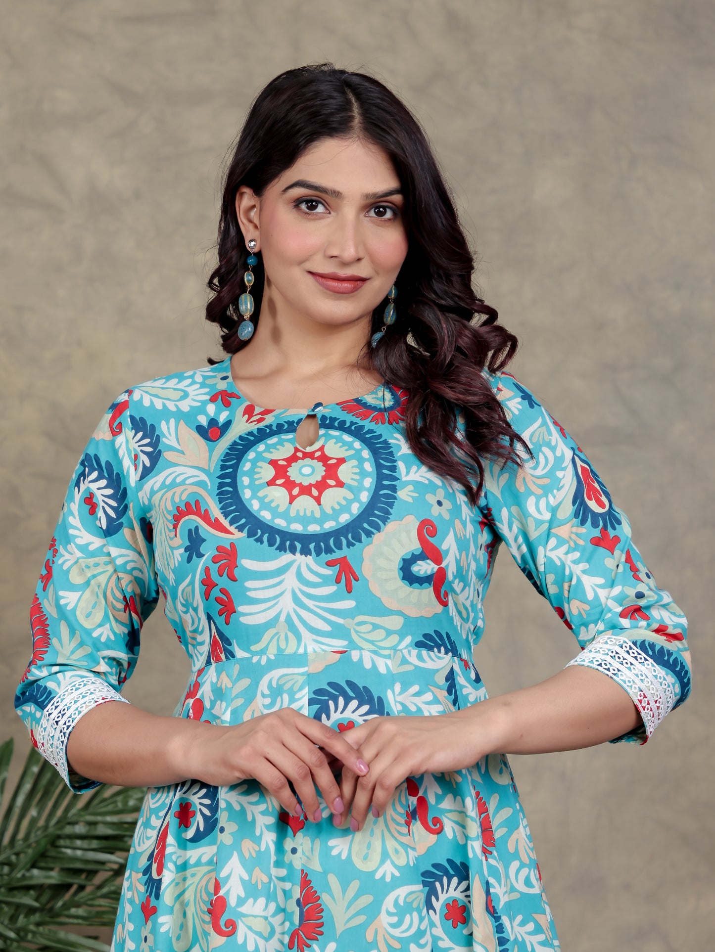 Soft Cotton Abstract Flared Turquoise Blue Dress