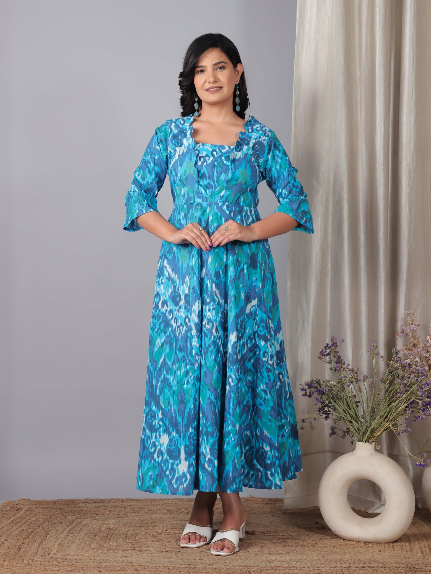 Soft Cotton Ikat Flared Blue Dress