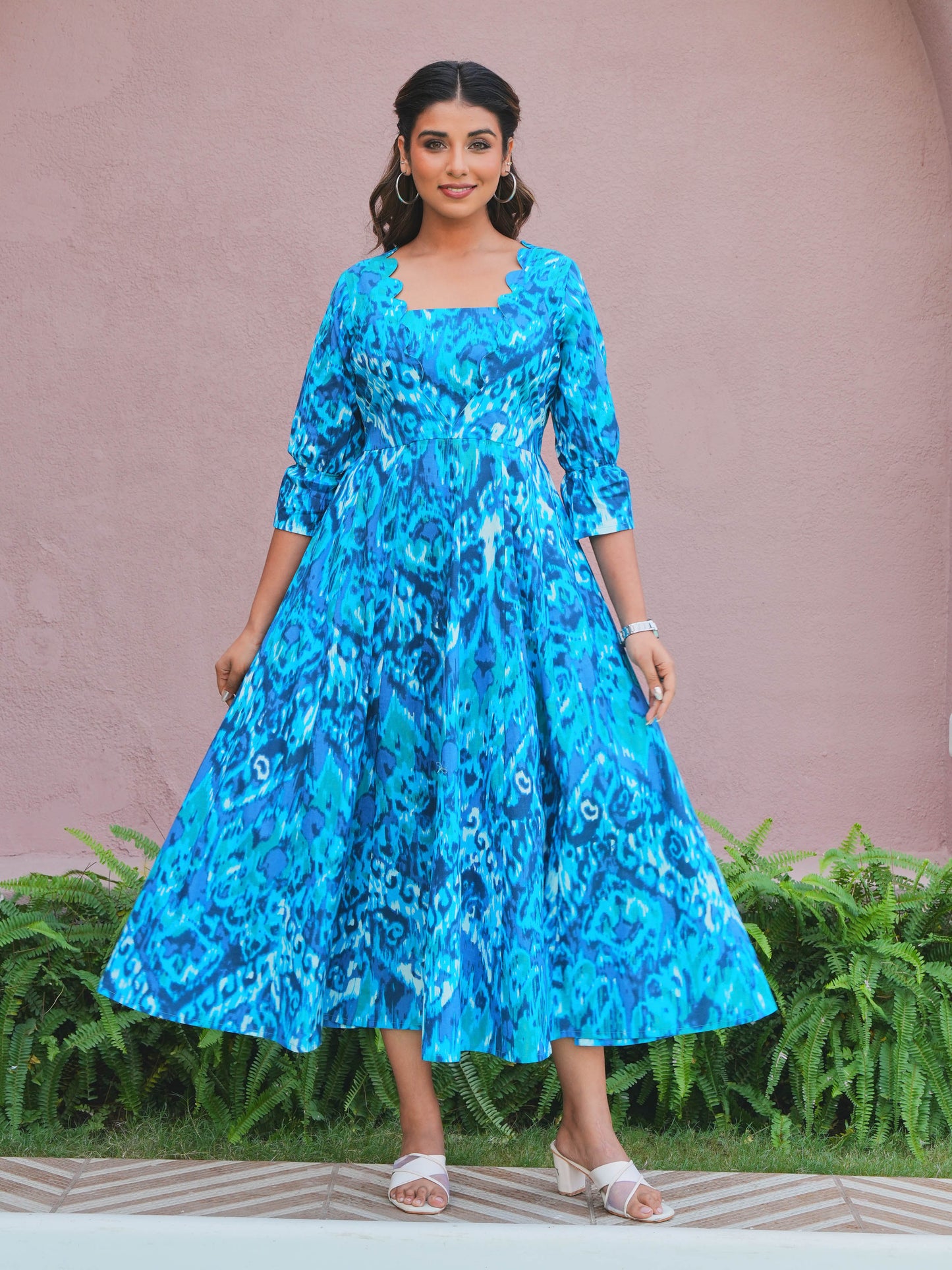 Soft Cotton Ikat Flared Blue Dress