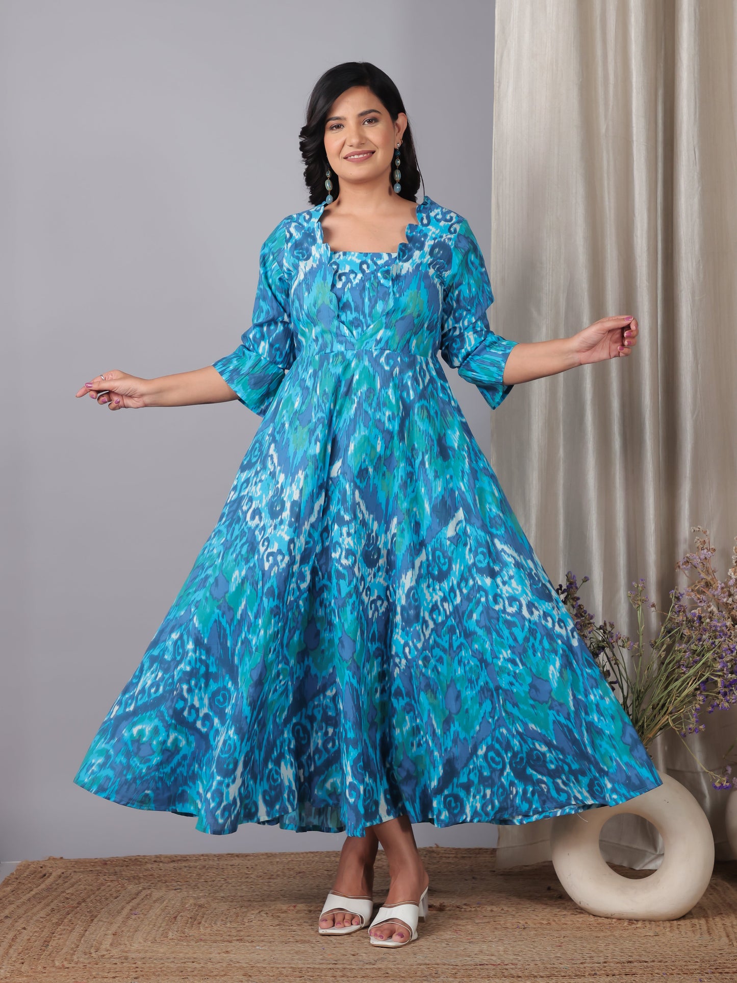 Soft Cotton Ikat Flared Blue Dress