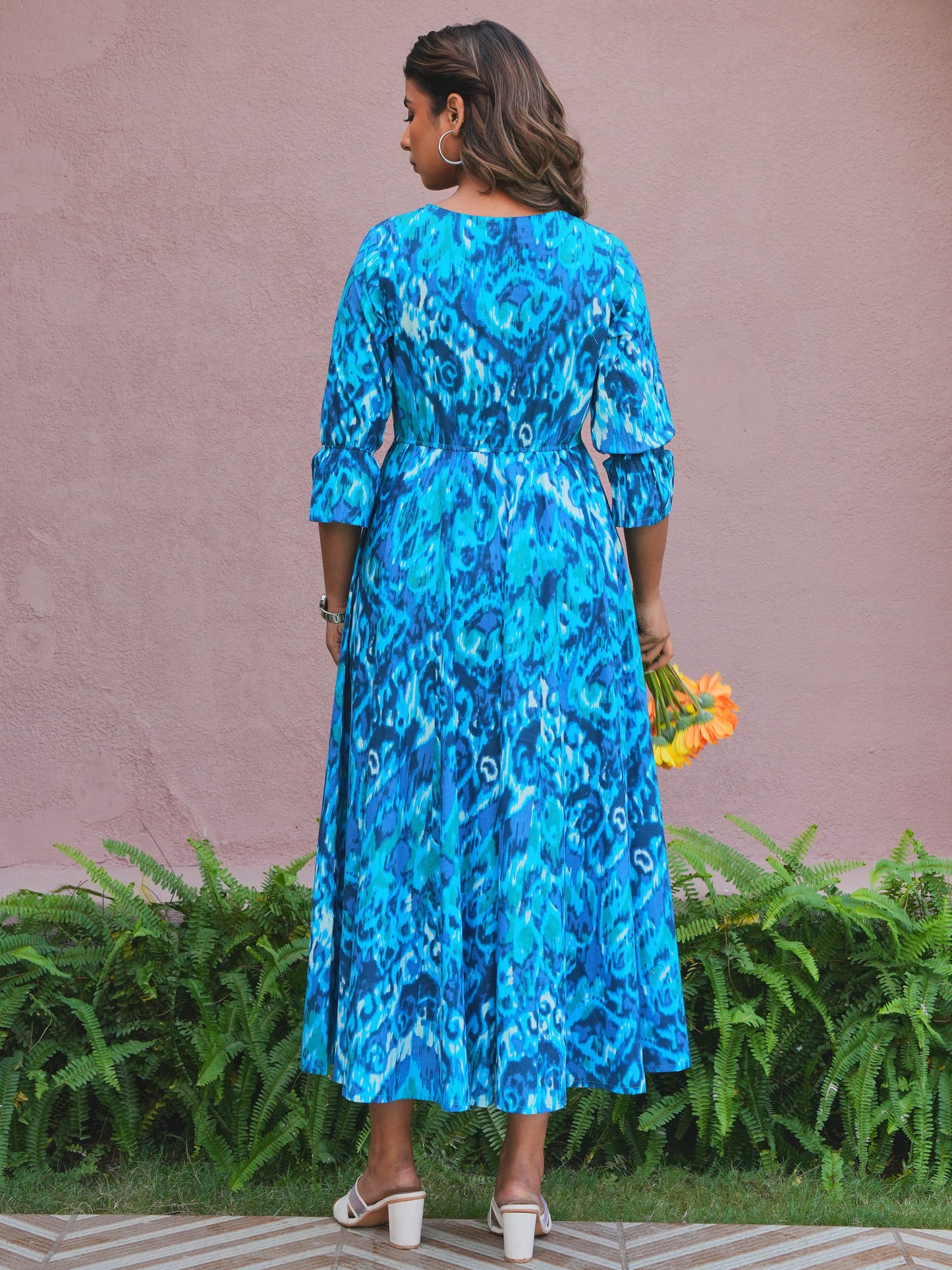 Soft Cotton Ikat Flared Blue Dress