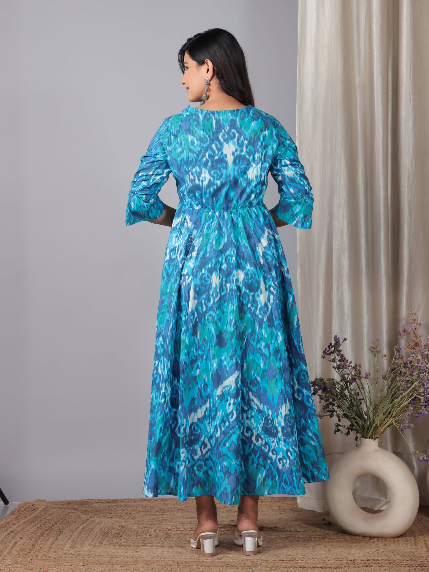 Soft Cotton Ikat Flared Blue Dress