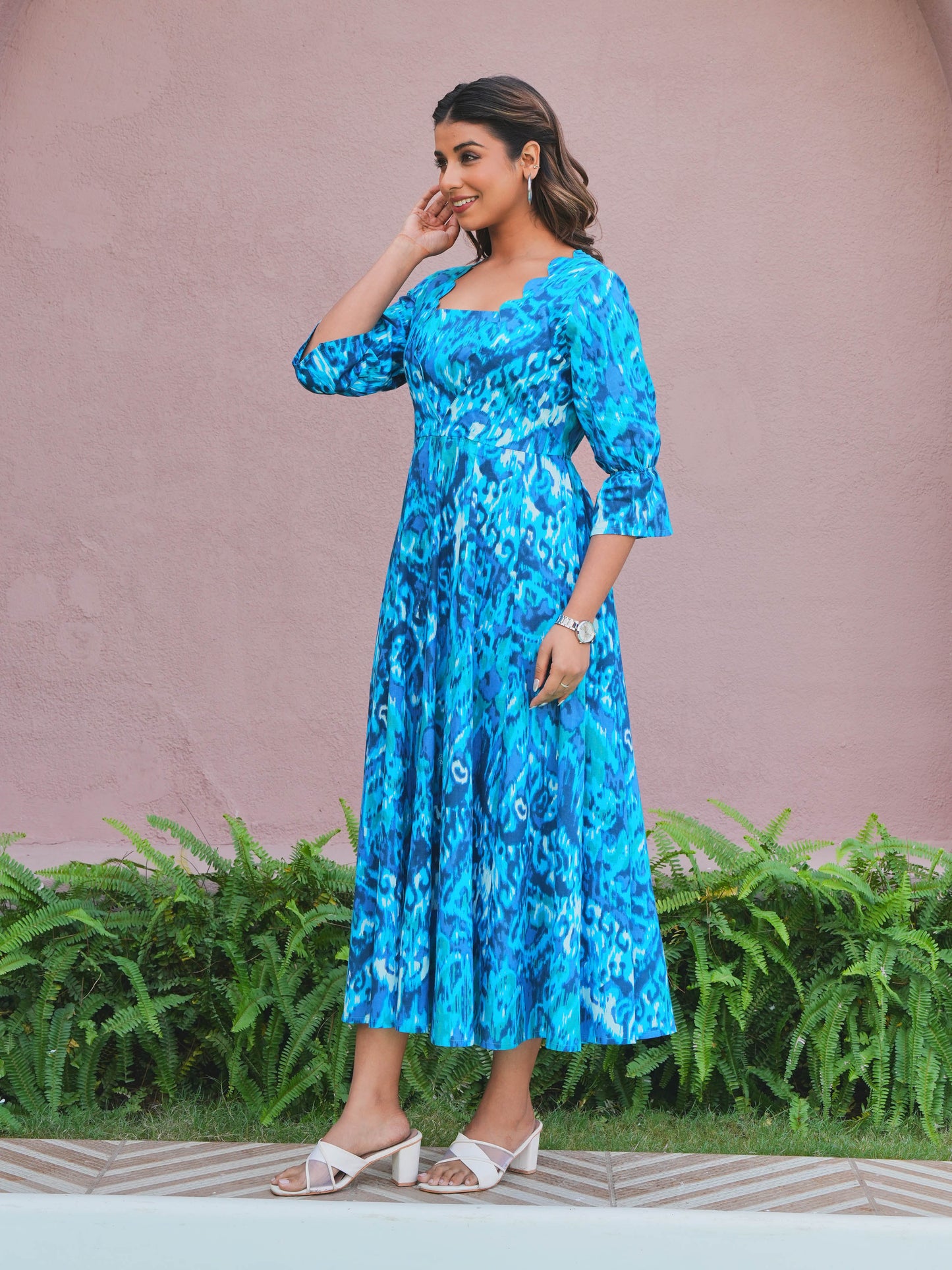 Soft Cotton Ikat Flared Blue Dress
