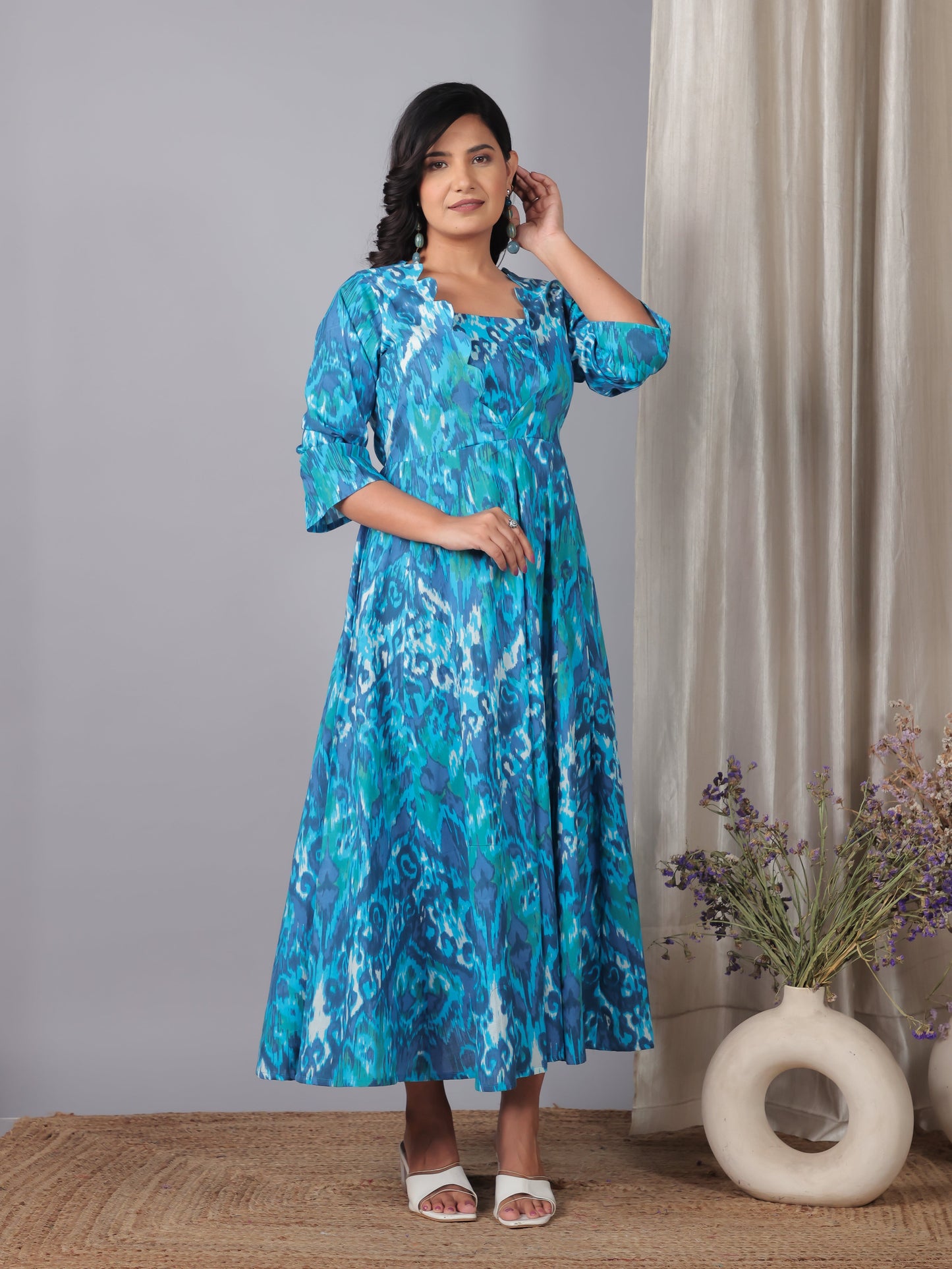 Soft Cotton Ikat Flared Blue Dress
