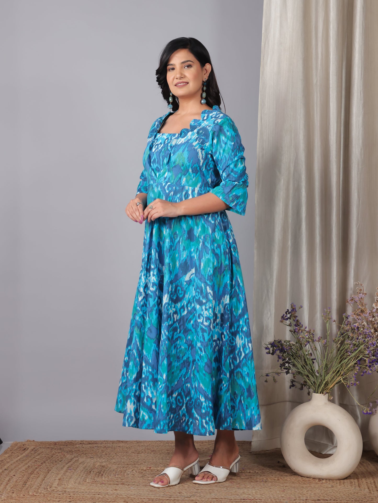 Soft Cotton Ikat Flared Blue Dress