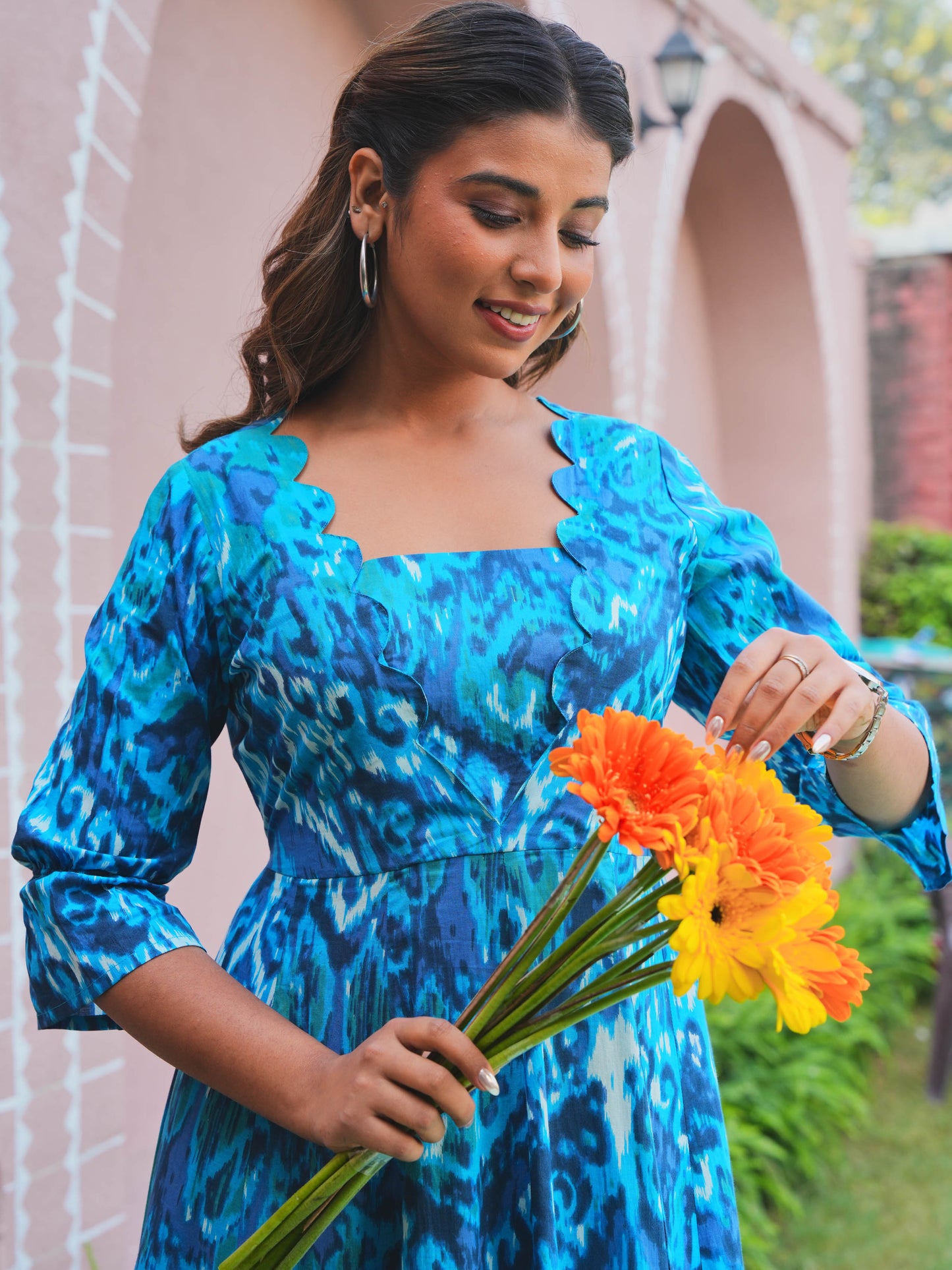 Soft Cotton Ikat Flared Blue Dress