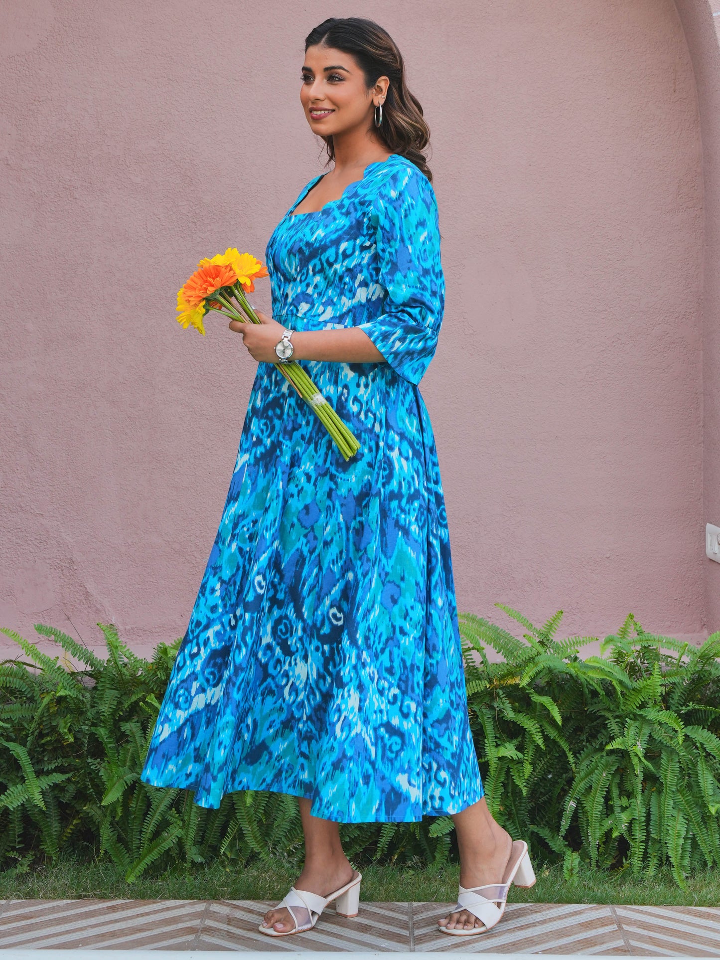 Soft Cotton Ikat Flared Blue Dress