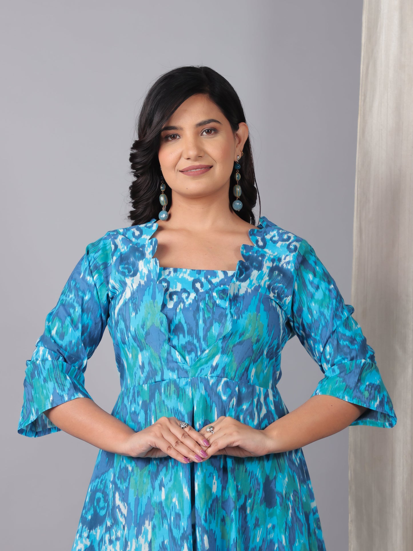 Soft Cotton Ikat Flared Blue Dress