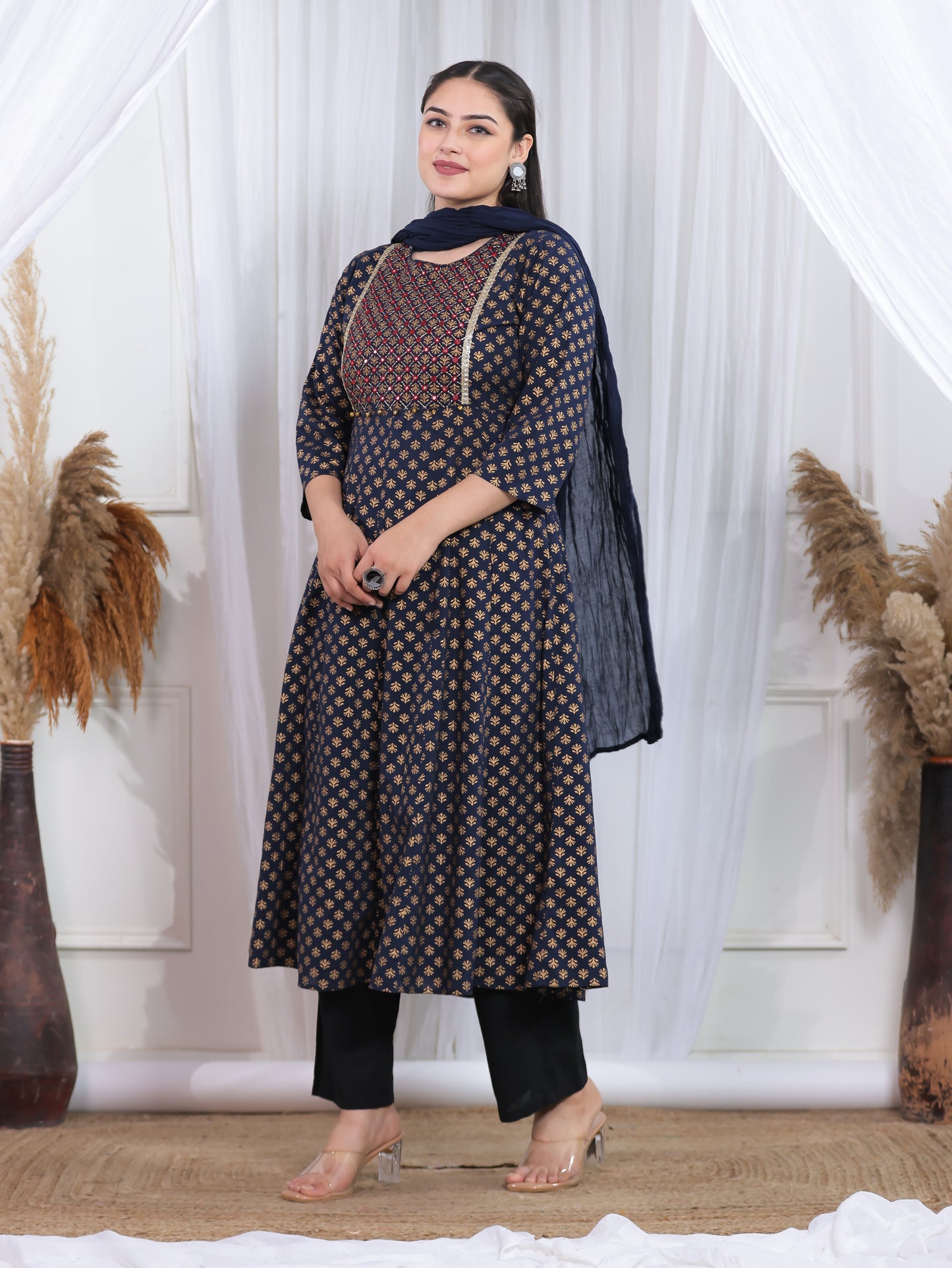 Embroidered Soft Cotton Gold foil Anarkali Navy Blue Kurta