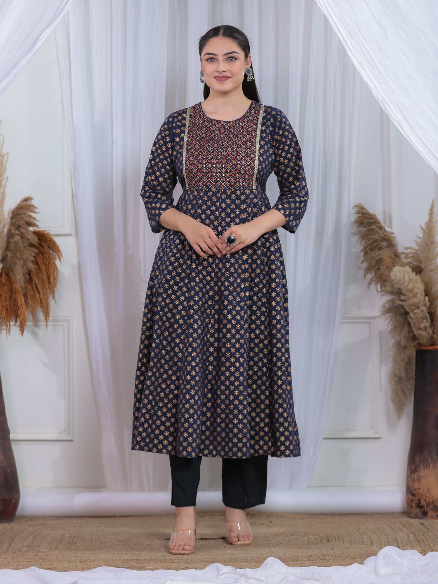 Embroidered Soft Cotton Gold foil Anarkali Navy Blue Kurta