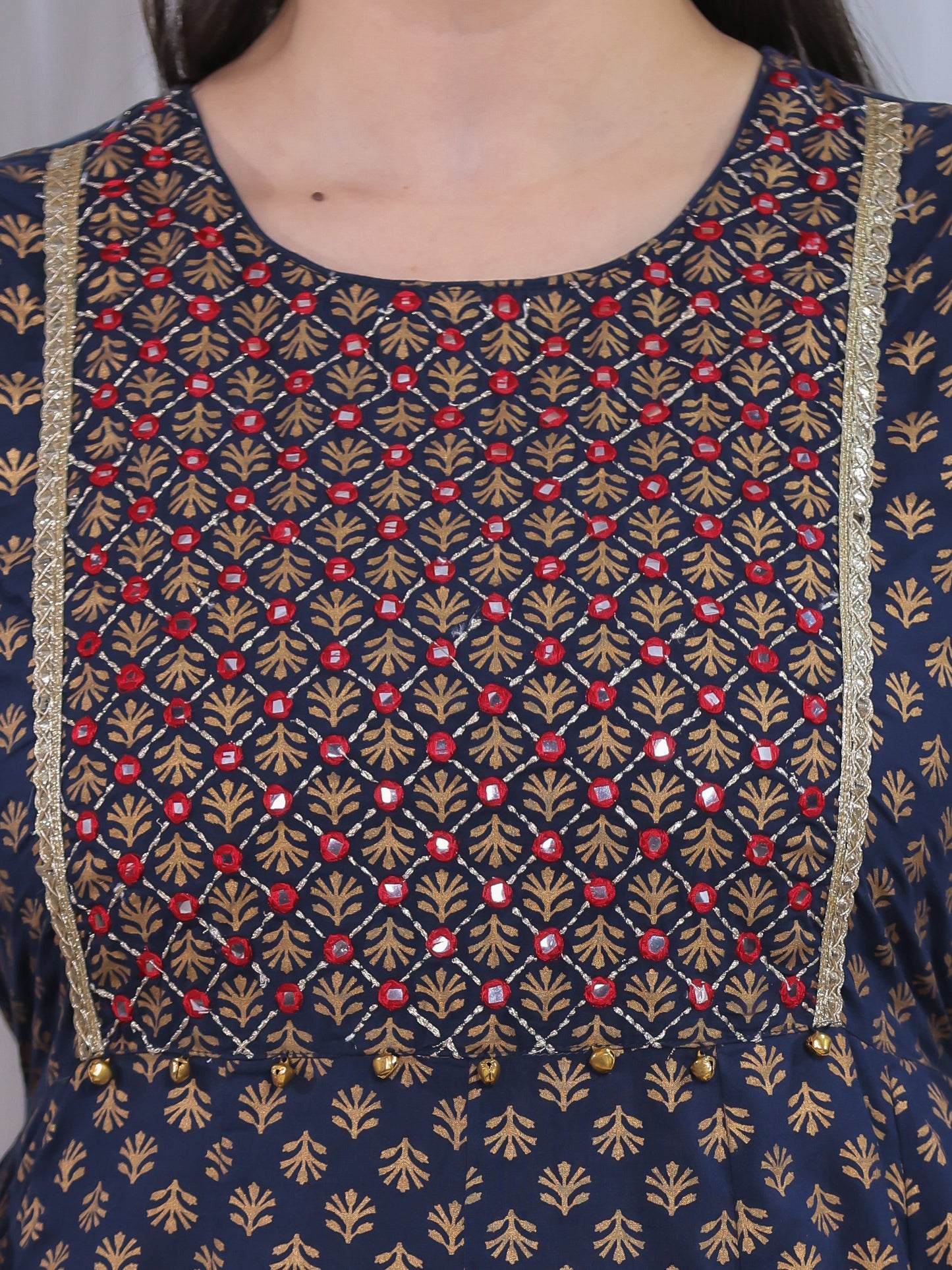Embroidered Soft Cotton Gold foil Anarkali Navy Blue Kurta