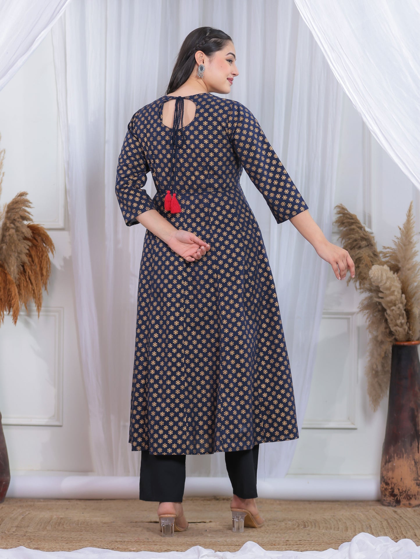 Embroidered Soft Cotton Gold foil Anarkali Navy Blue Kurta