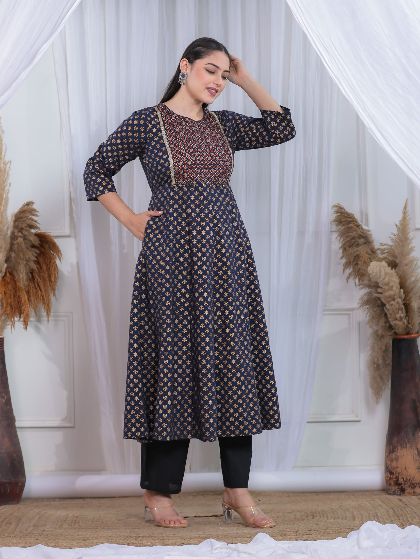 Embroidered Soft Cotton Gold foil Anarkali Navy Blue Kurta