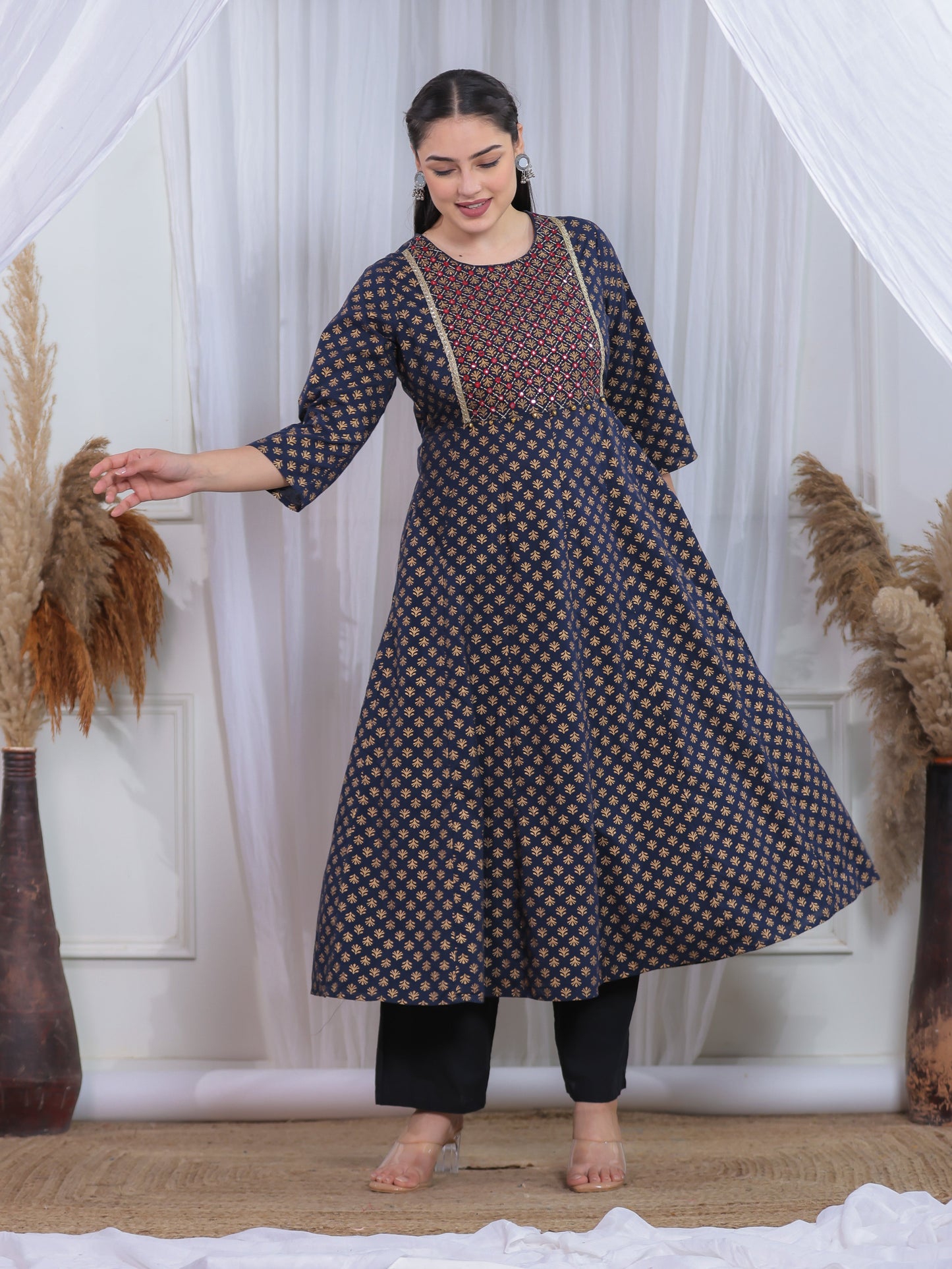 Embroidered Soft Cotton Gold foil Anarkali Navy Blue Kurta
