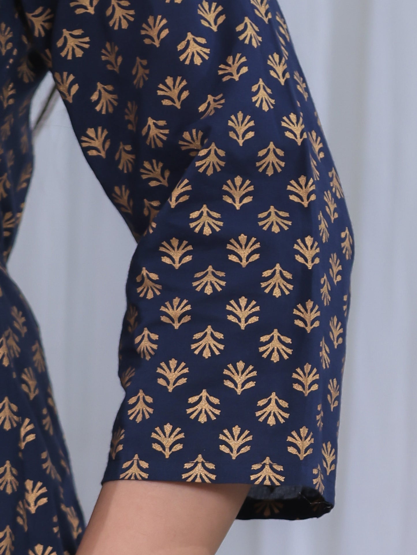 Embroidered Soft Cotton Gold foil Anarkali Navy Blue Kurta