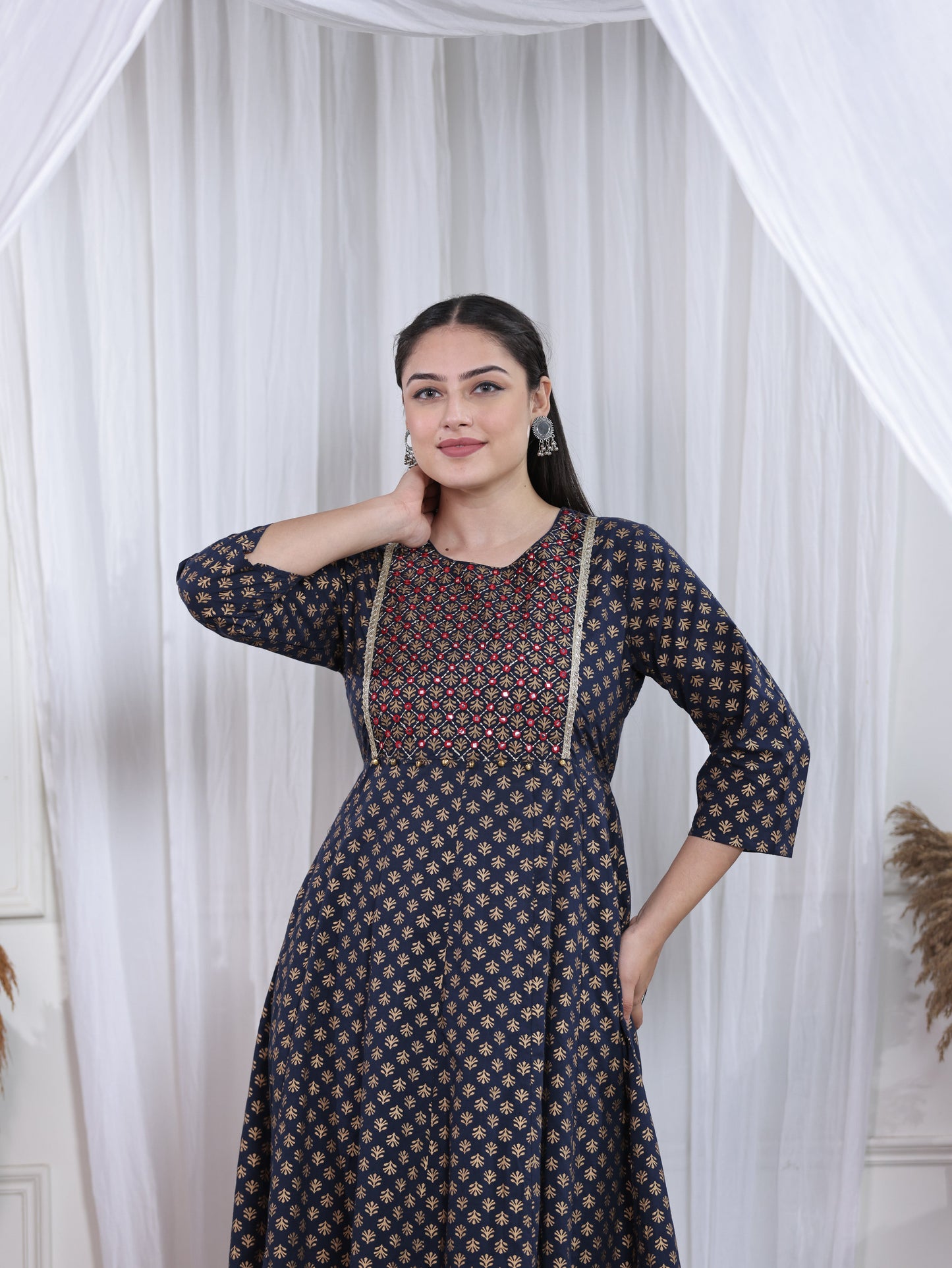 Embroidered Soft Cotton Gold foil Anarkali Navy Blue Kurta