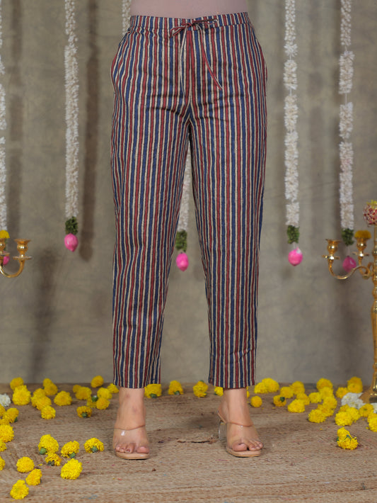 Soft Cotton Striped Blue Tapered Trousers