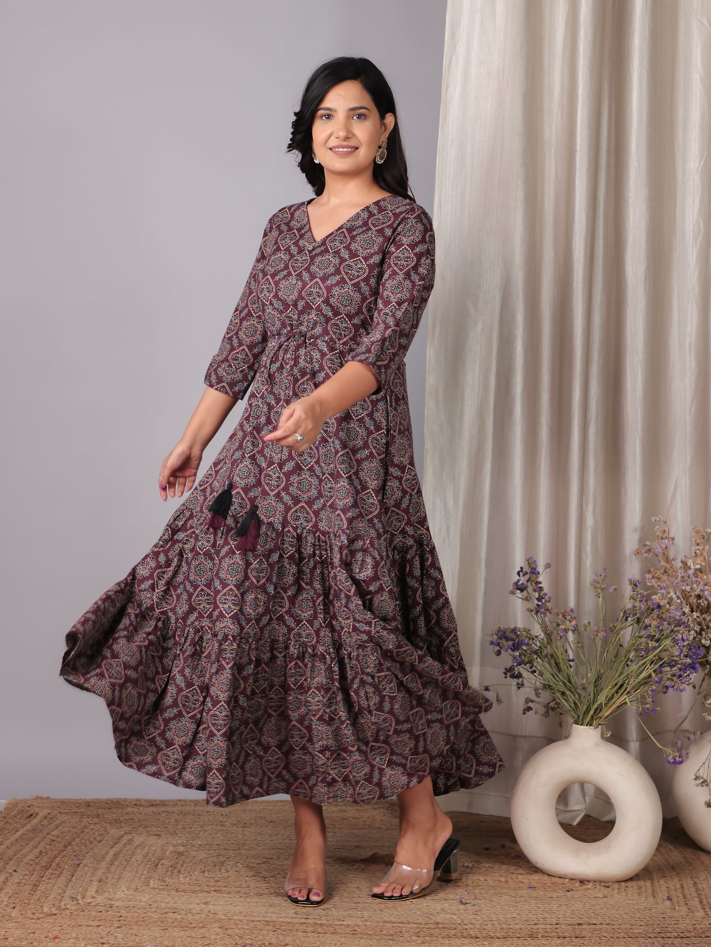 Soft Cotton Geometric A-line Wine Dress