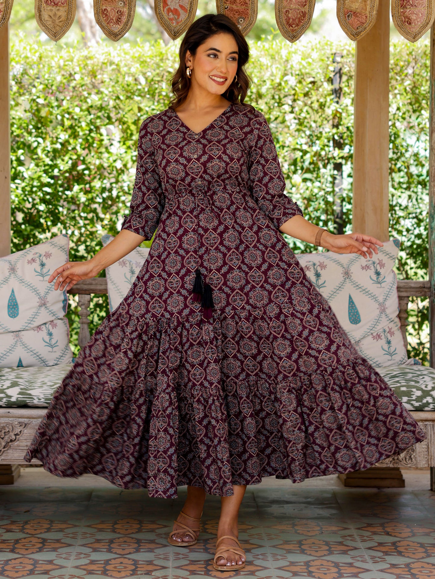 Soft Cotton Geometric Anarkali Wine Dress