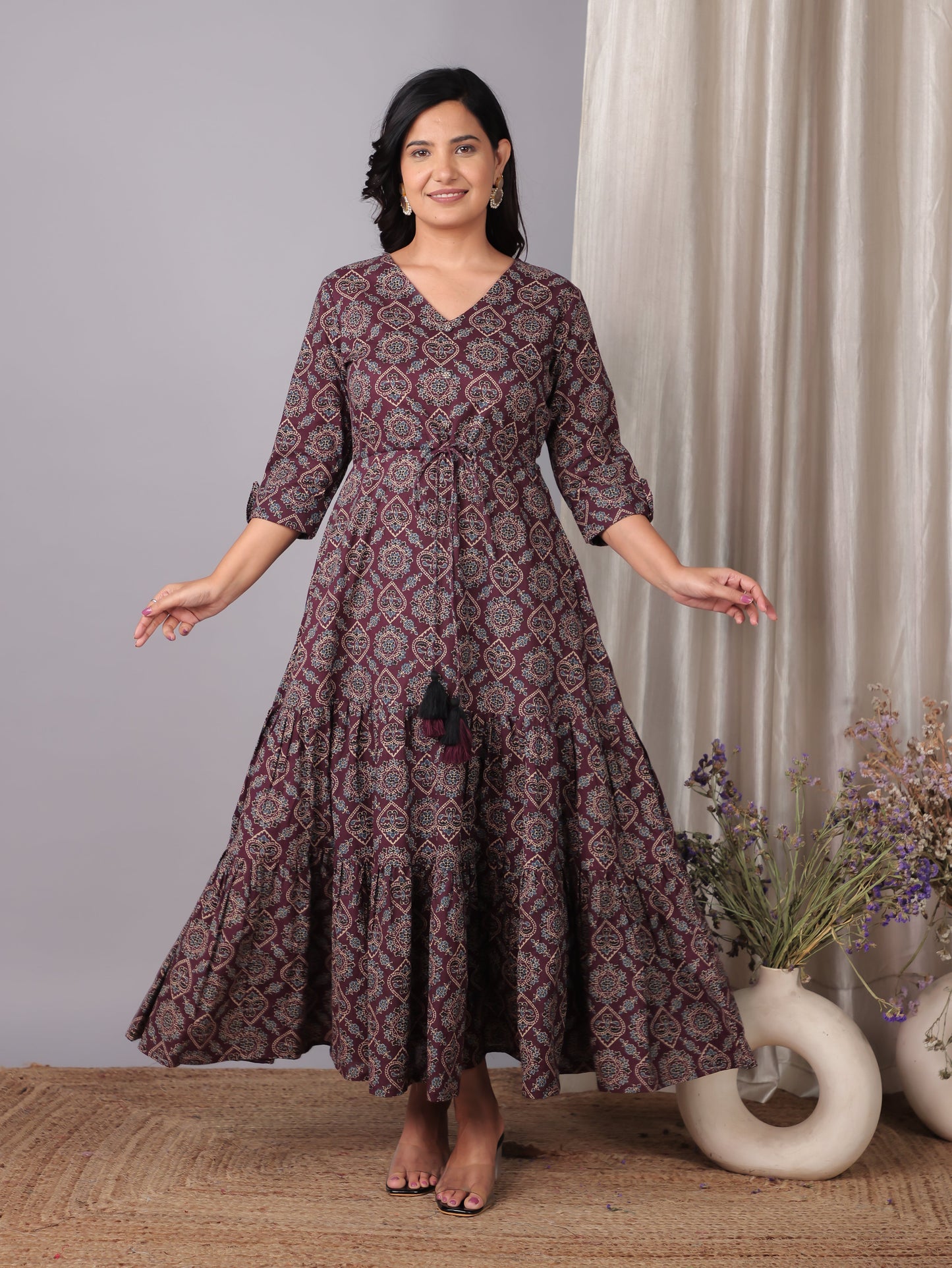 Soft Cotton Geometric A-line Wine Dress