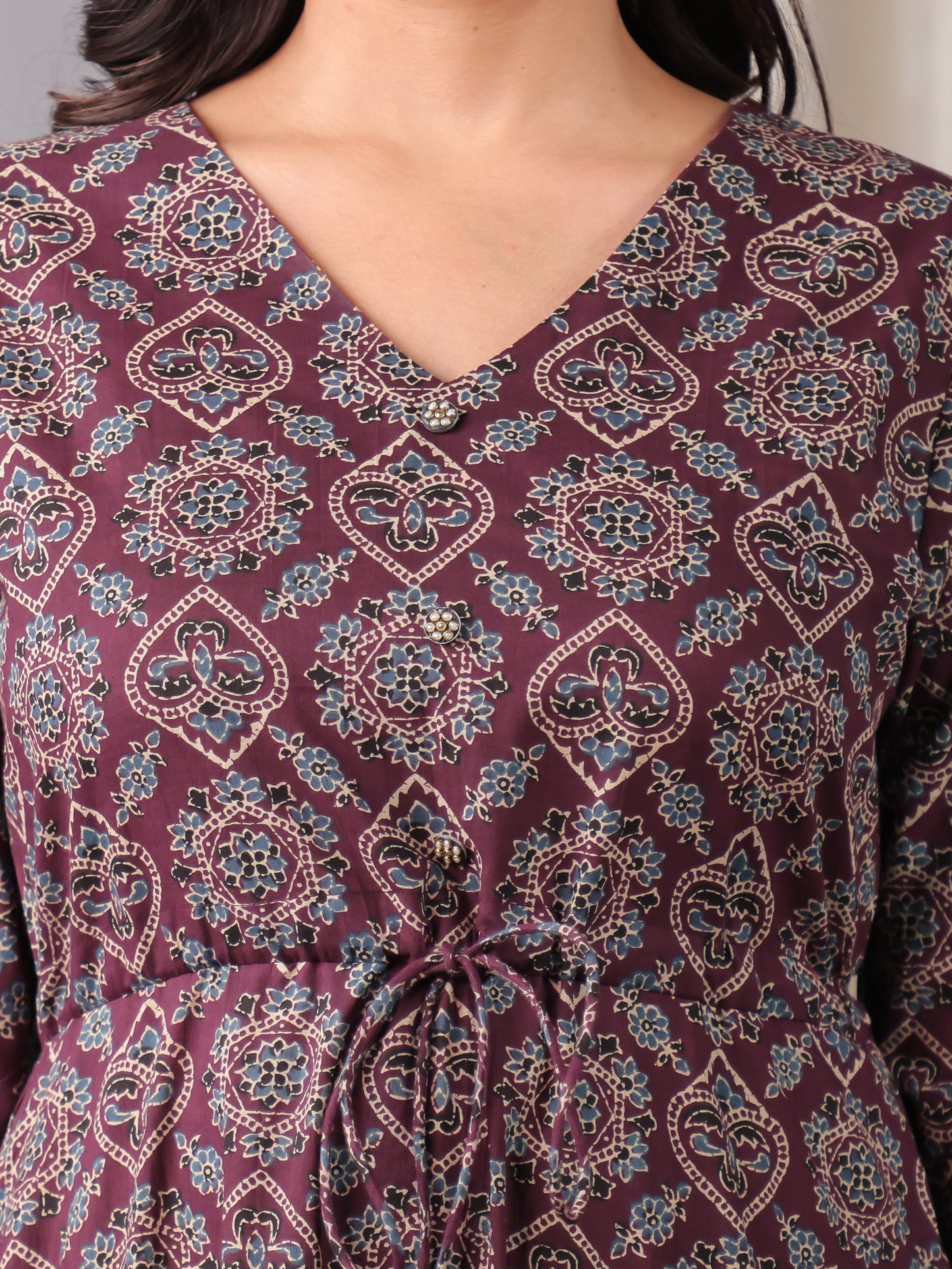 Soft Cotton Geometric A-line Wine Dress