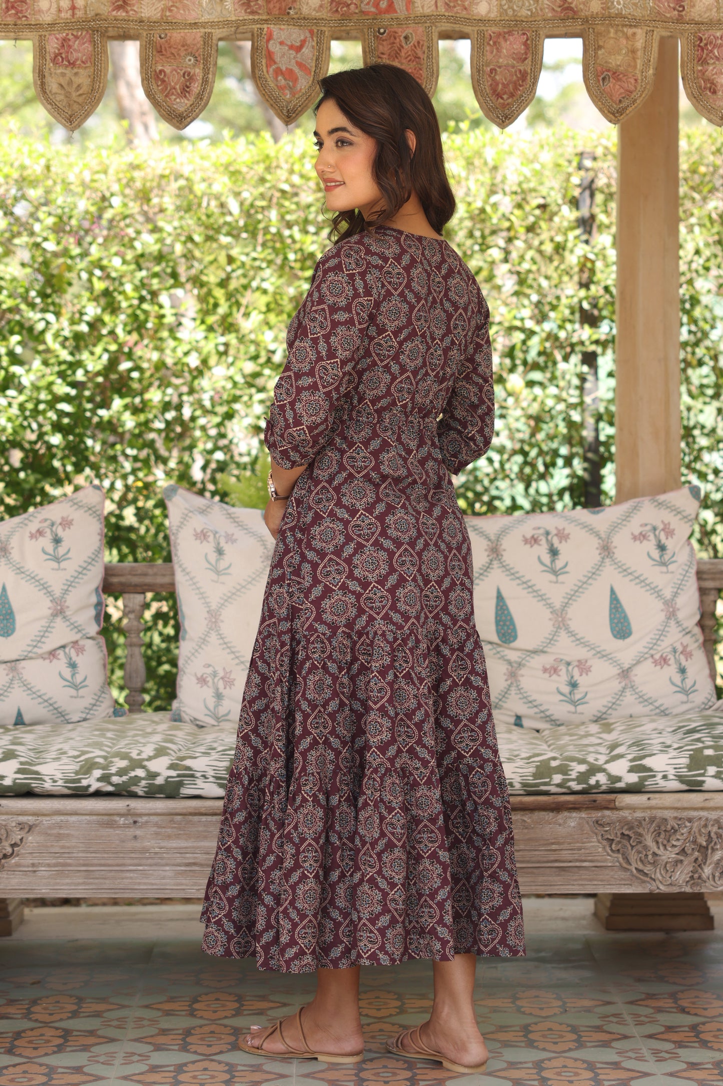 Soft Cotton Geometric Anarkali Wine Dress