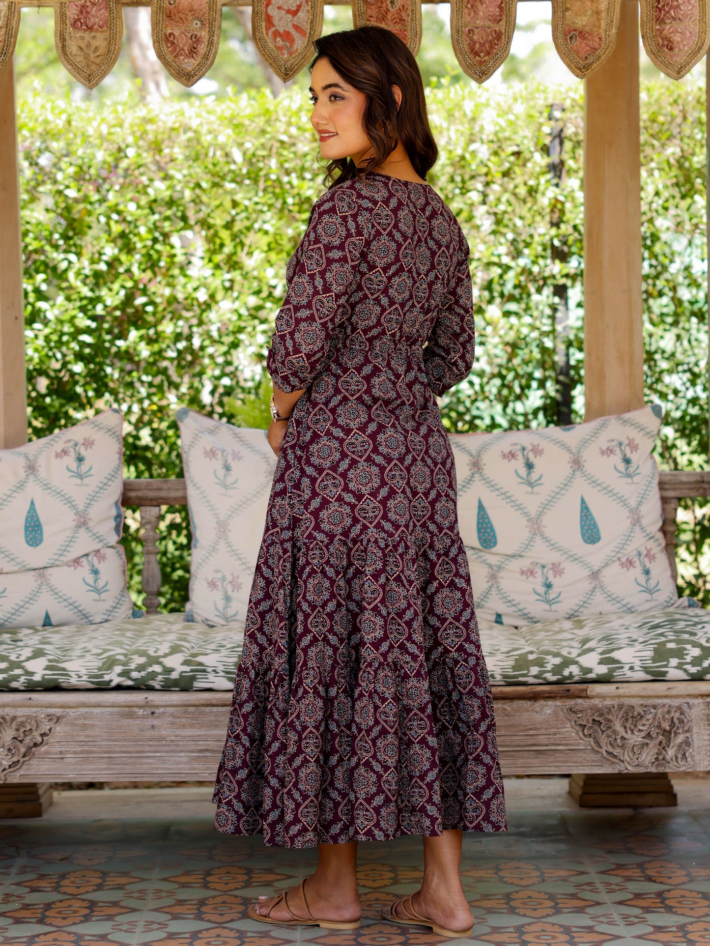 Soft Cotton Geometric Anarkali Wine Dress