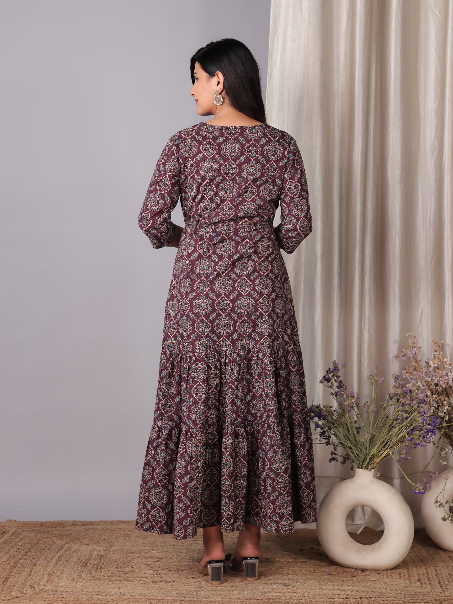 Soft Cotton Geometric A-line Wine Dress