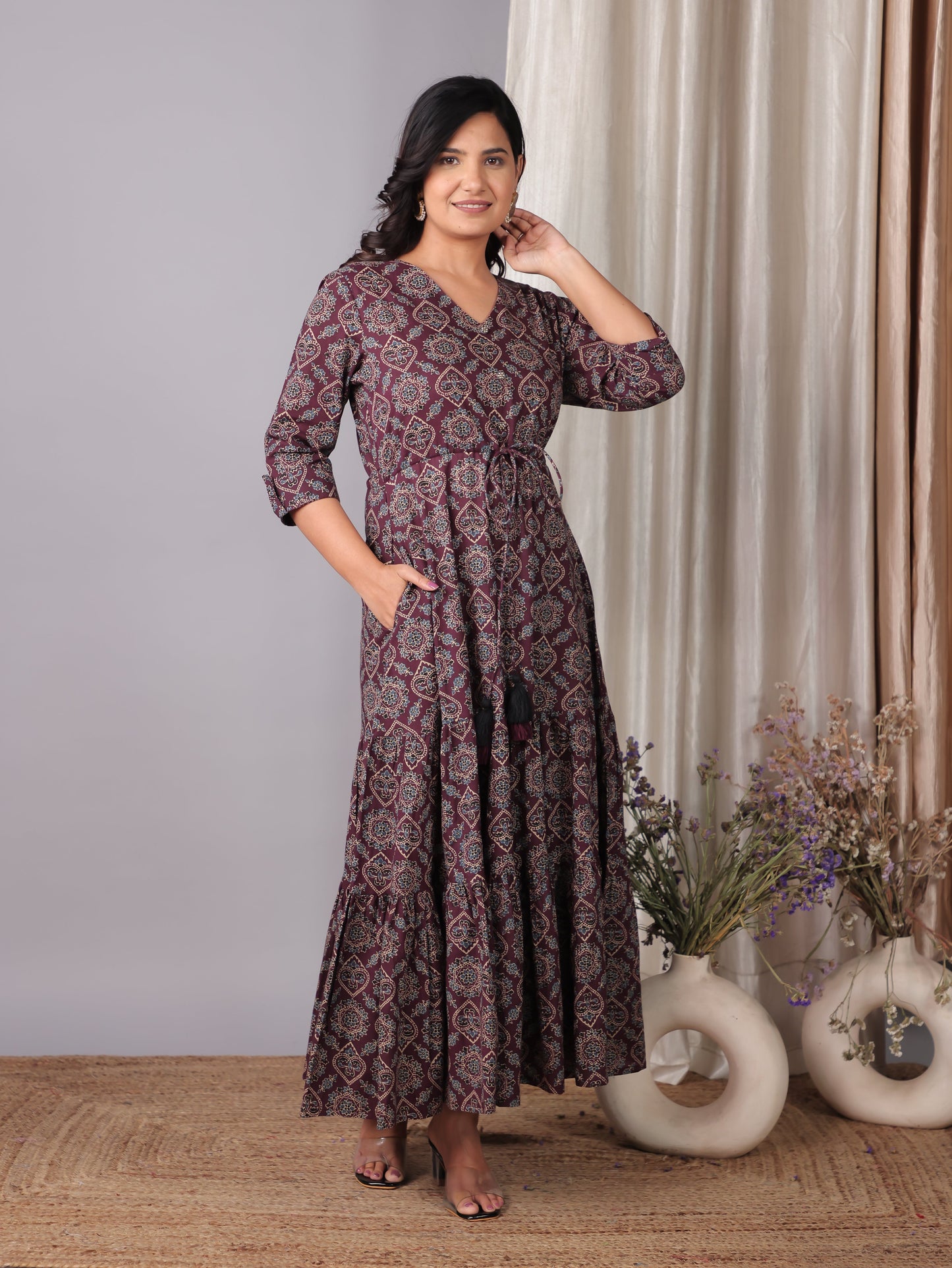 Soft Cotton Geometric A-line Wine Dress