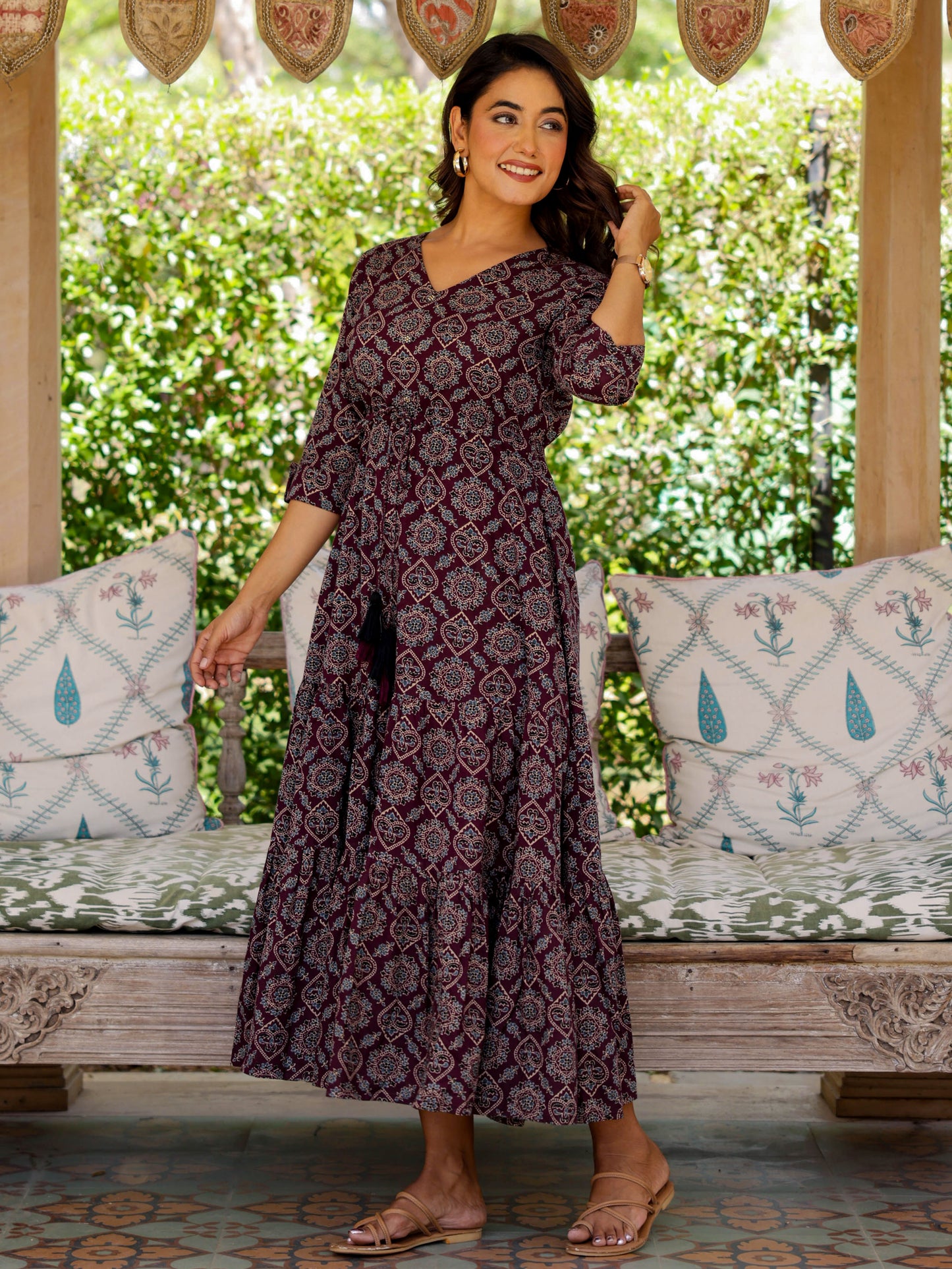 Soft Cotton Geometric Anarkali Wine Dress