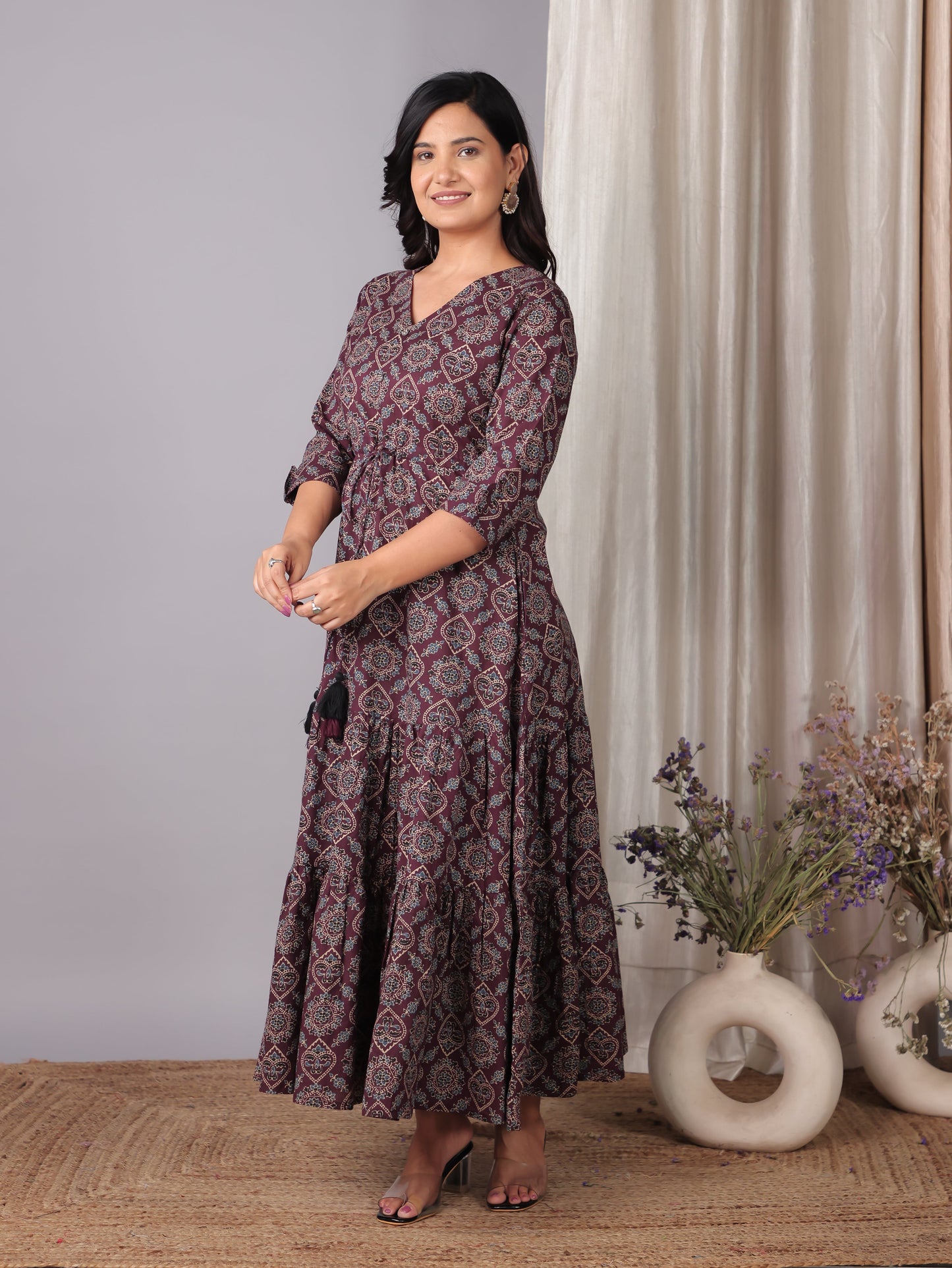 Soft Cotton Geometric A-line Wine Dress