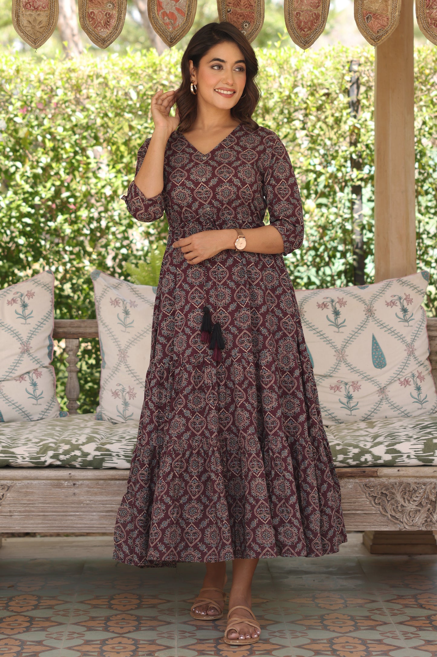 Soft Cotton Geometric Anarkali Wine Dress