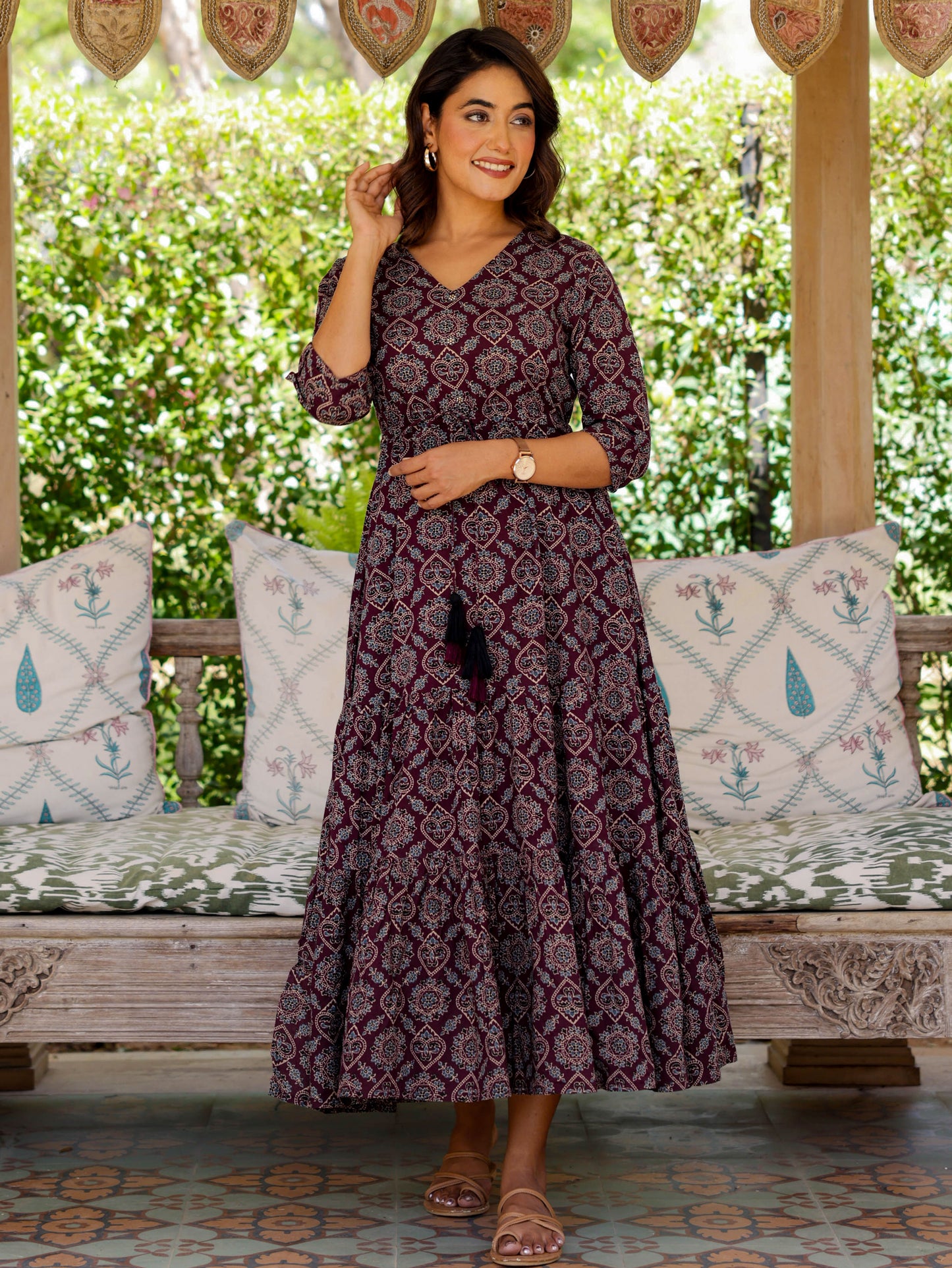 Soft Cotton Geometric Anarkali Wine Dress