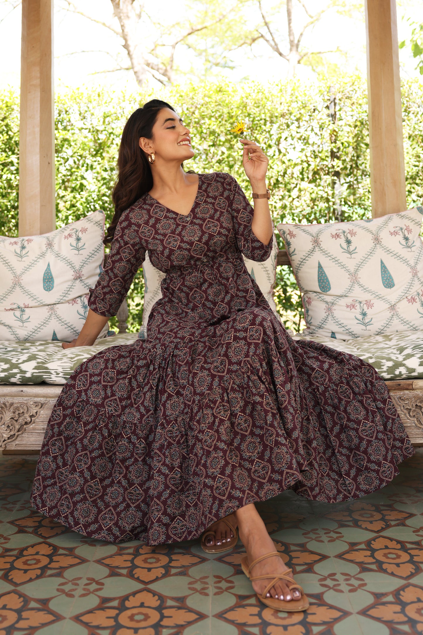 Soft Cotton Geometric Anarkali Wine Dress